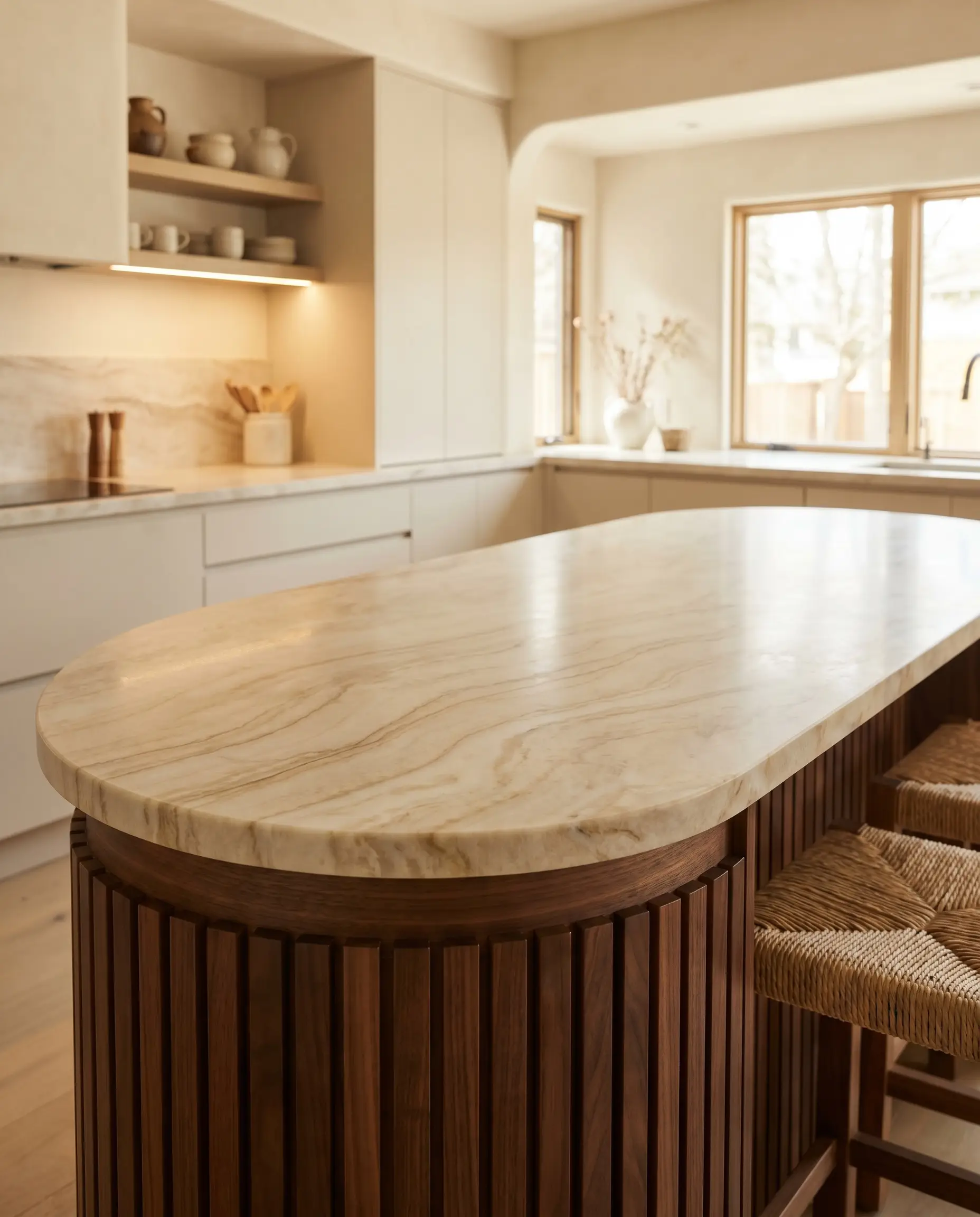 Fully rounded radius corners on a creamy beige veined countertop mirror the custom curved slatted wood base below.