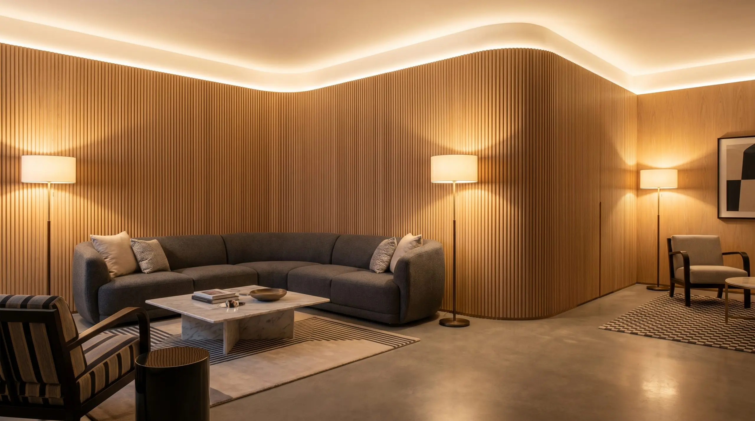 Flexible wood tambour panels curve smoothly around an outer bullnose corner, forming a unique wood slat accent wall behind sofa.