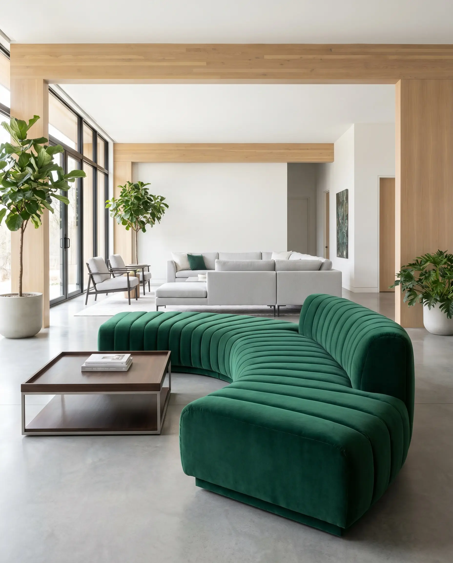 A curvilinear channel-tufted velvet ottoman with a concealed plinth base sits next to a square modern coffee table and clean-lined seating.
