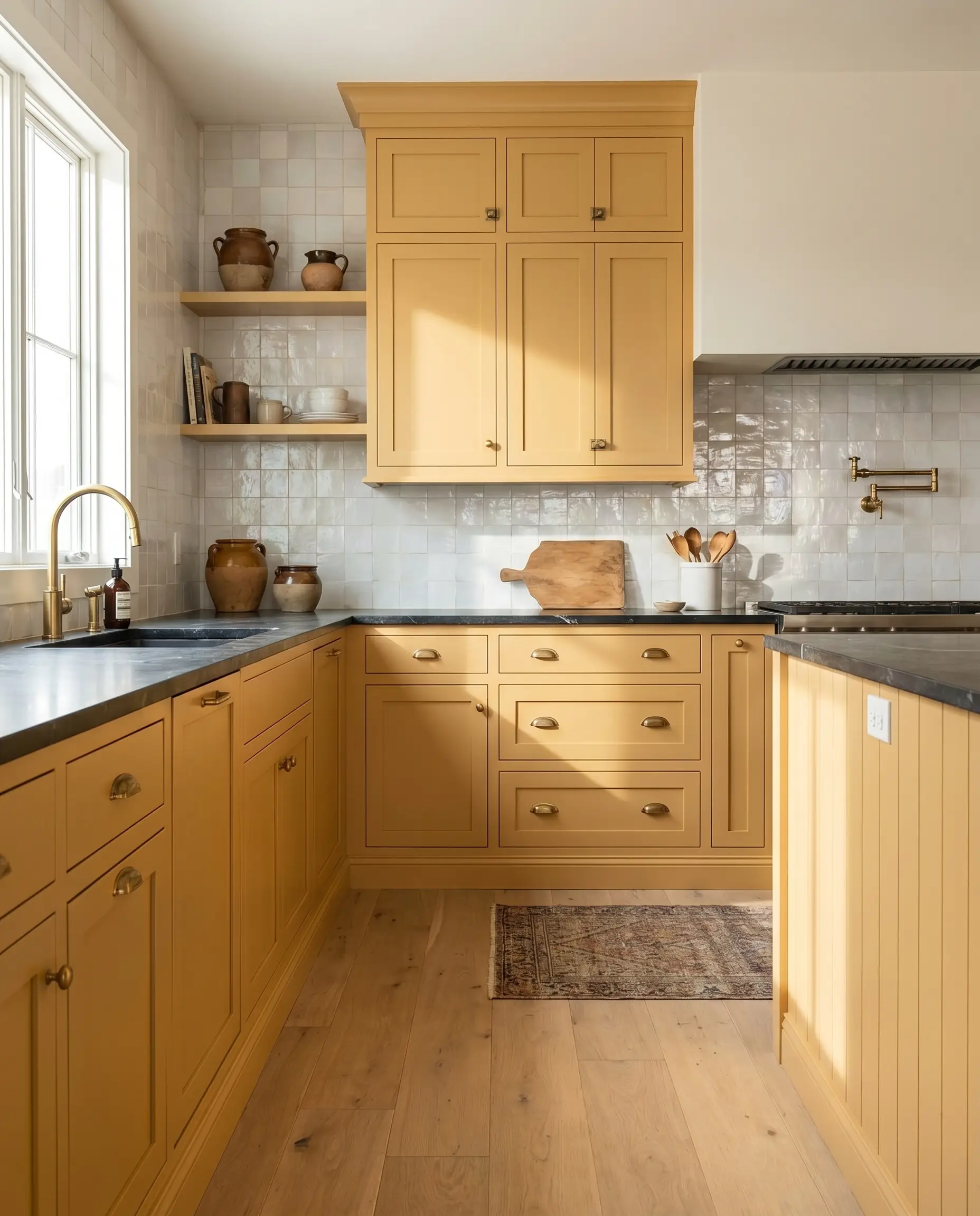 Custom golden-yellow base cabinetry with unlacquered brass hardware pairs with dark honed soapstone countertops and a pearlescent white zellige tile backsplash.