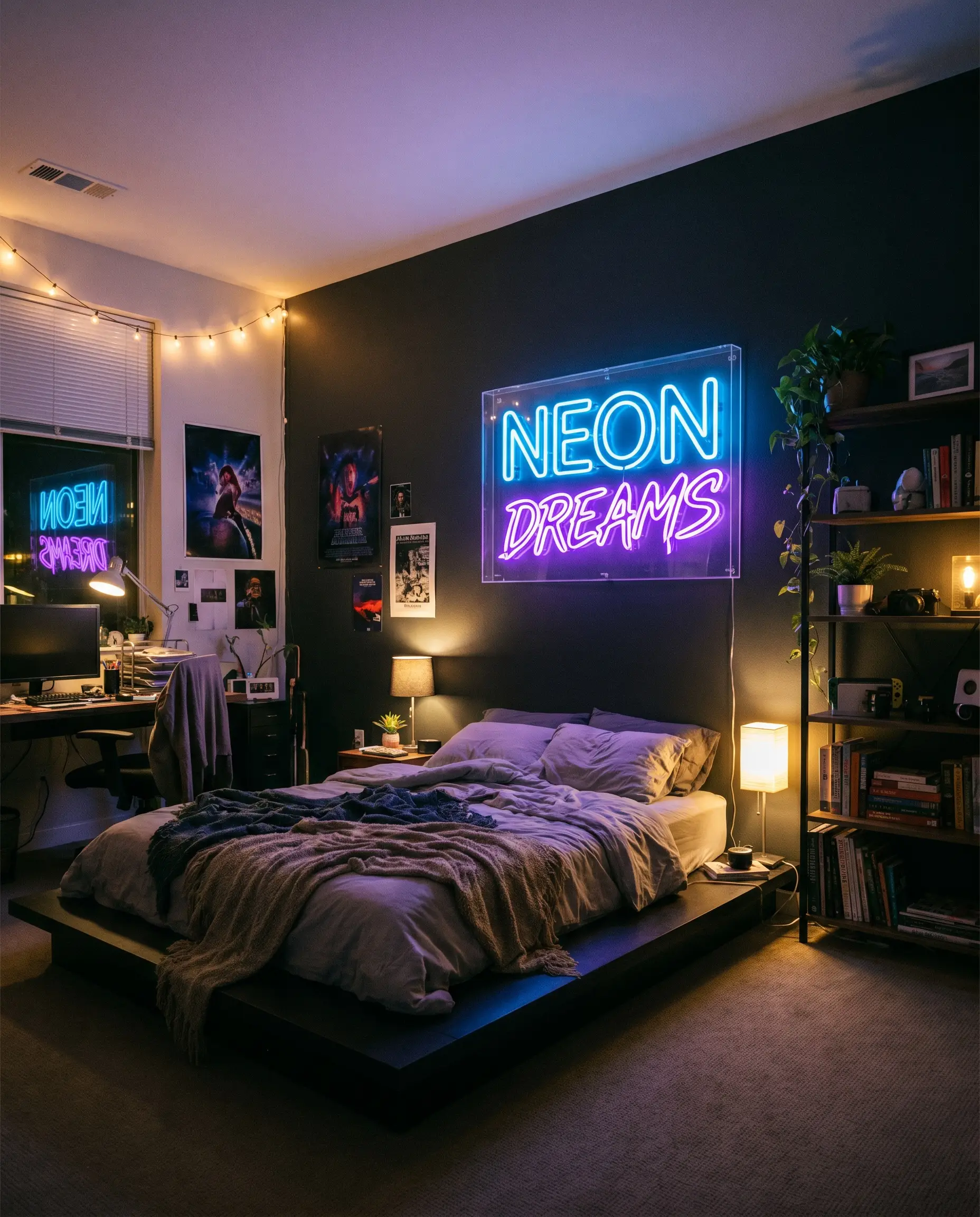 A custom-routed LED neon typography sign mounts on clear acrylic against a dark painted wall above a low-profile bed.