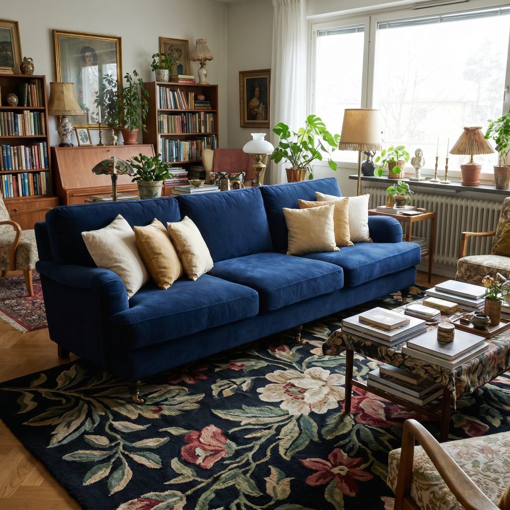 A bold dark botanical print tufted wool rug anchors a solid navy blue sofa and matching throw pillows in a maximalist moody eclectic living room.