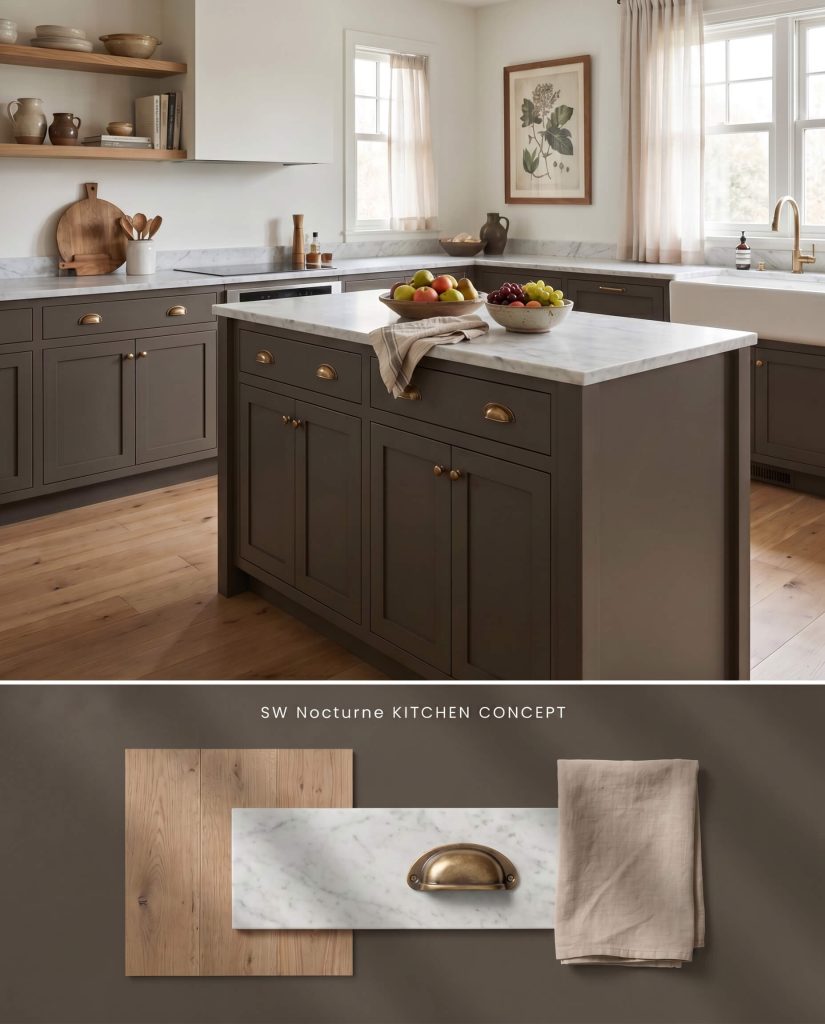 A split digital conceptual board for a kitchen displaying SW Nocturne lower cabinetry on top and a textured flat-lay of marble and oak below.