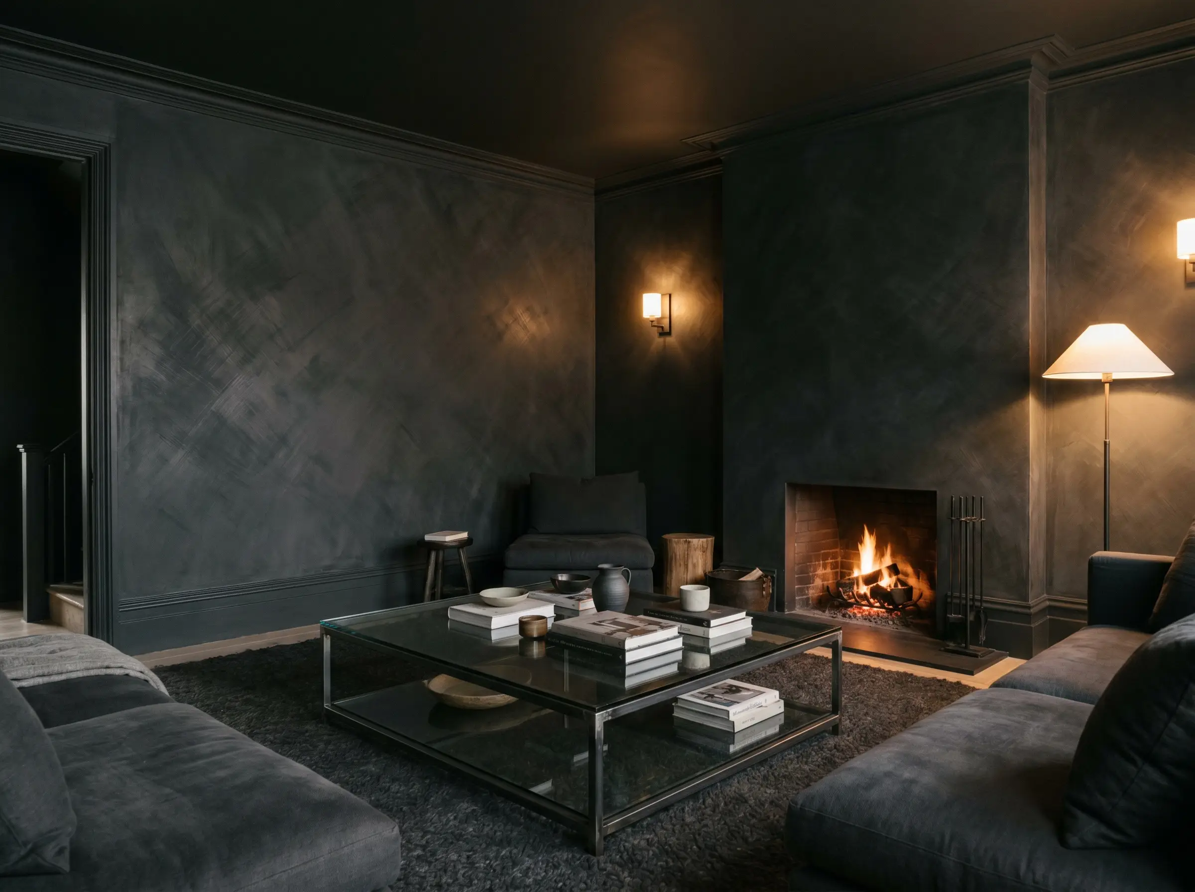 A smoked glass coffee table with raw steel framing sits on a dark rug surrounded by deep charcoal limewash walls and matching painted baseboards.