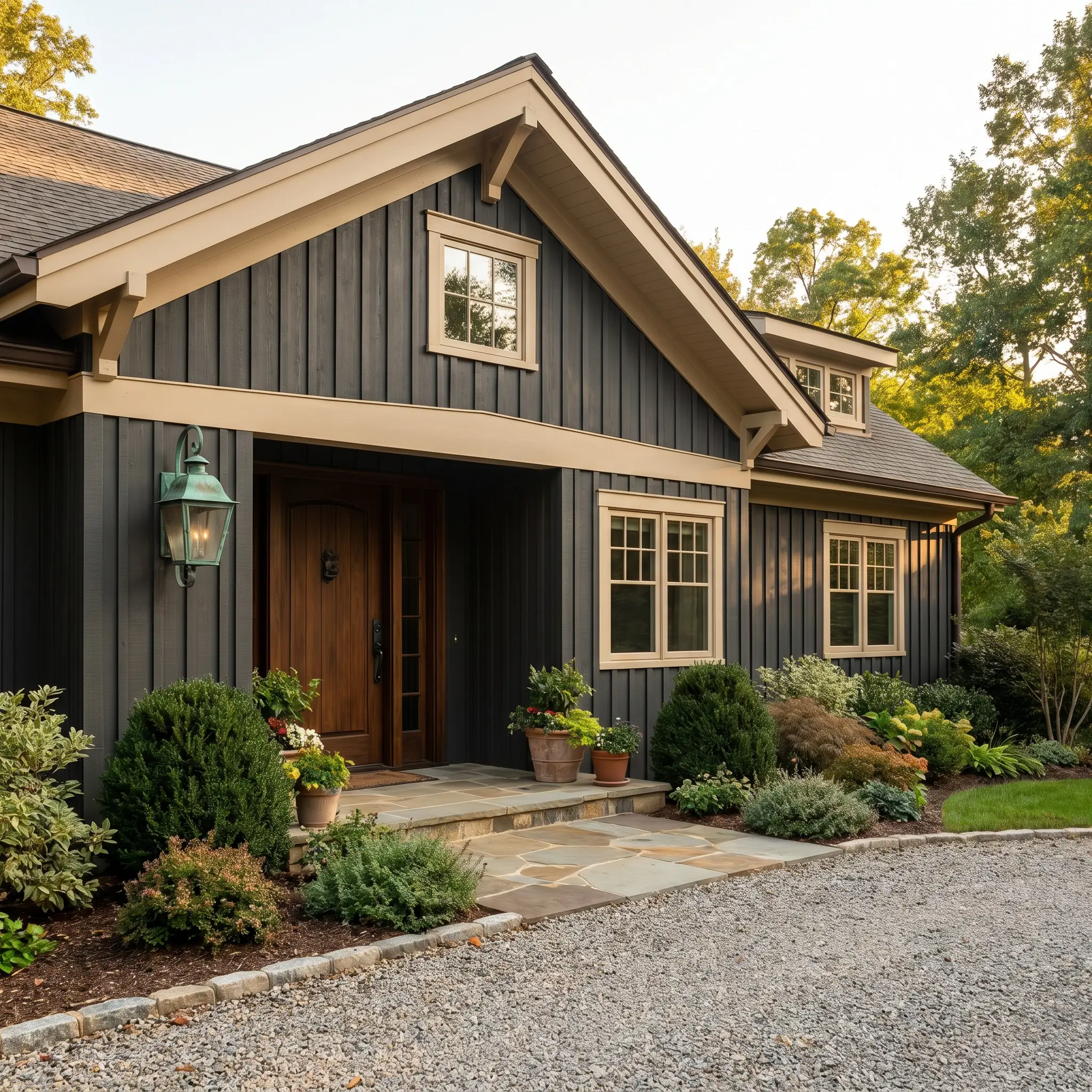 Dark charcoal exterior siding provides sharp contrast against warm sandy beige window framing and roofline trim near a solid wood front door.
