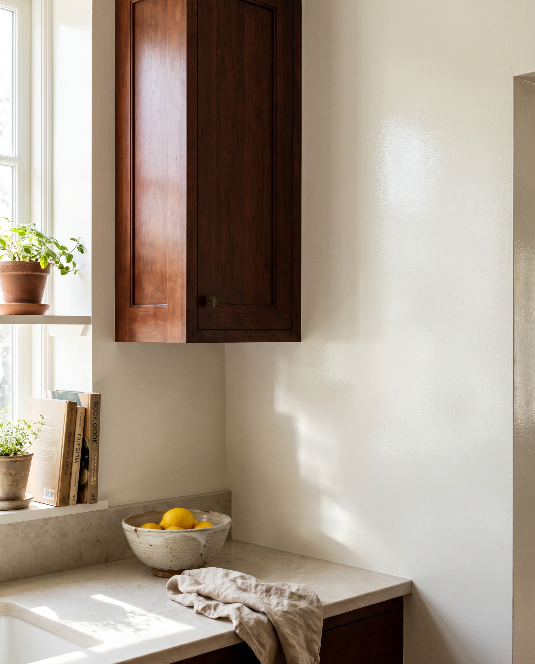A heavy dark stained cherry wood upper cabinet hangs above a light-colored countertop, contrasting sharply with a highly reflective bright off-white painted wall.