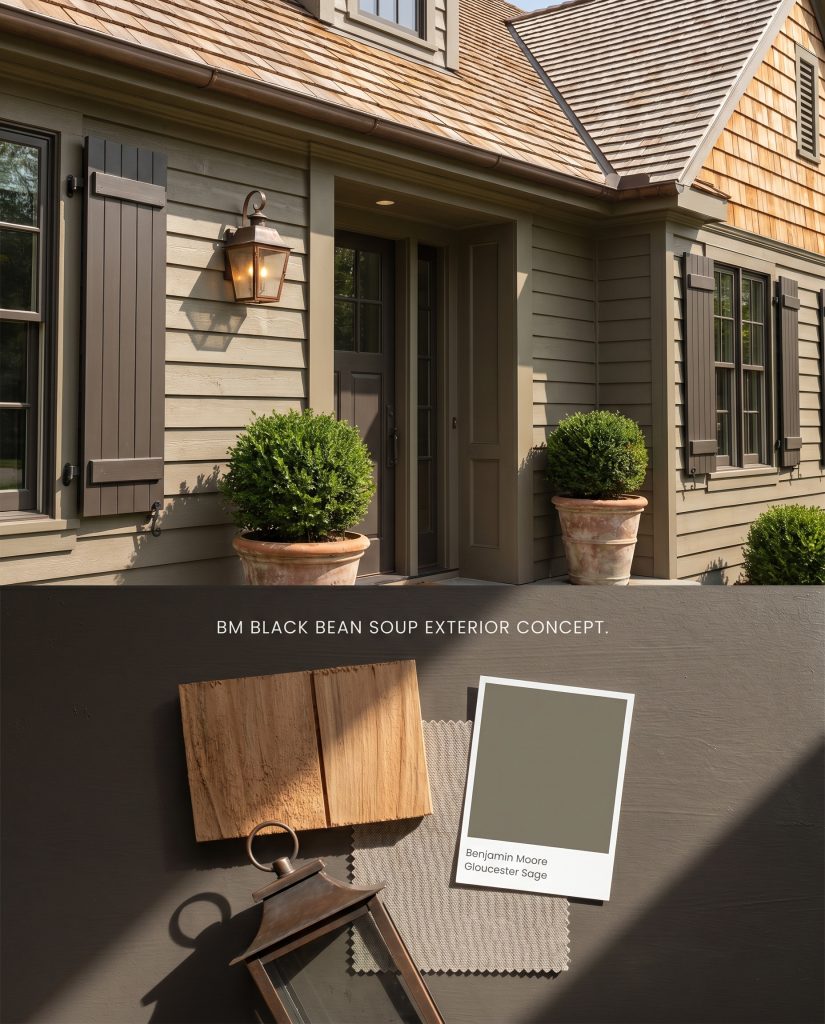 A split digital conceptual board showing a home exterior with subtle purple-brown flash window shutters on top, and a flat-lay of cedar shingles, aged bronze, and a sage paint swatch below.