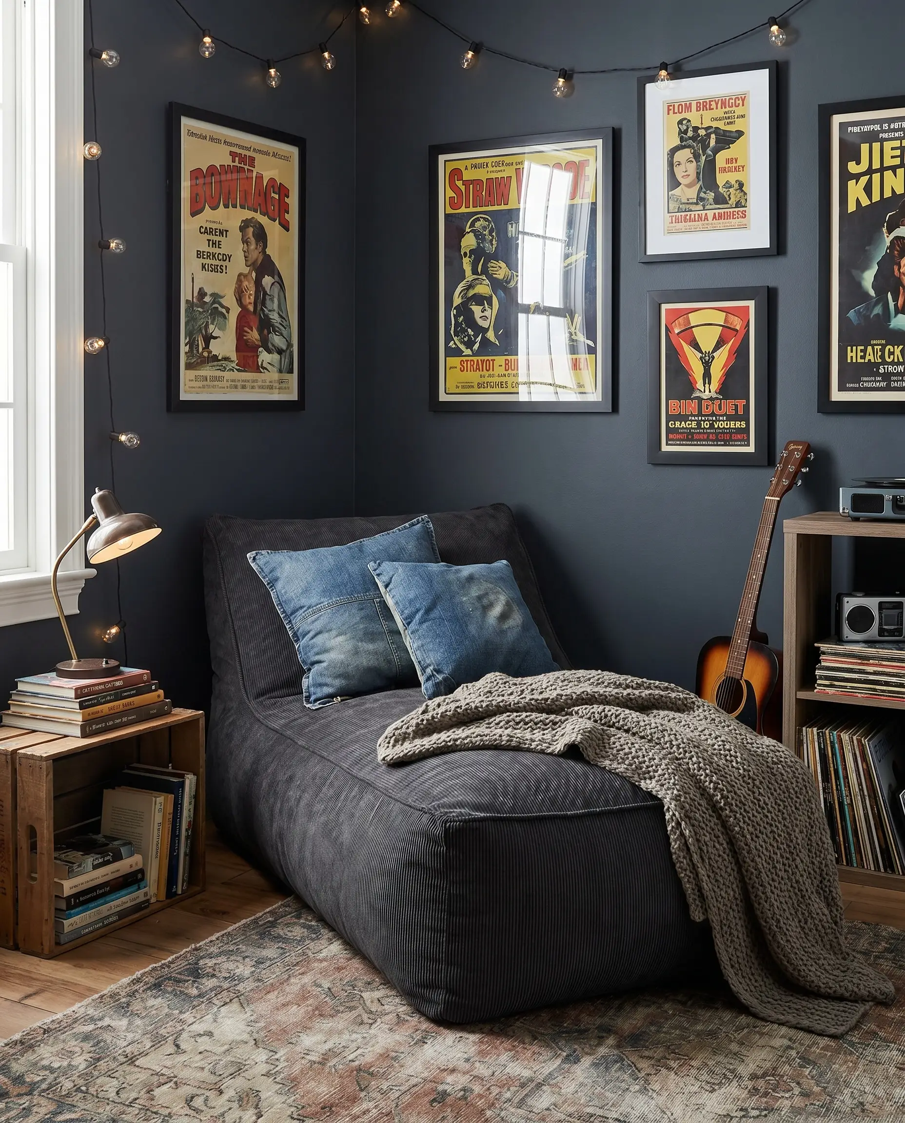 A structured memory-foam bean bag lounger covered in dark canvas corduroy anchors a hangout nook in the corner of a moody bedroom.