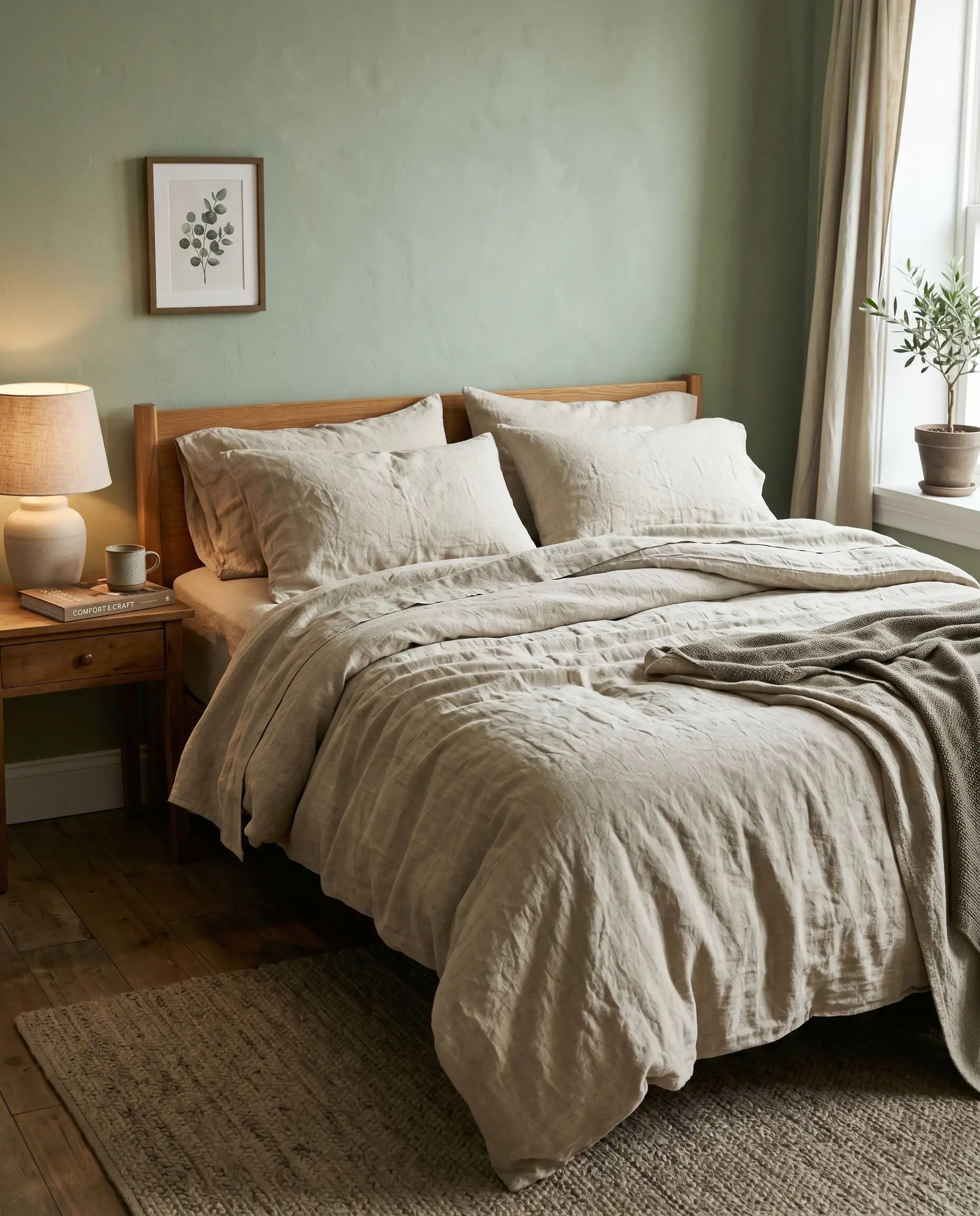 Heavy pre-washed European flax linen sheets in a dark cream oatmeal shade drape organically over a mattress against a muted sage green wall.