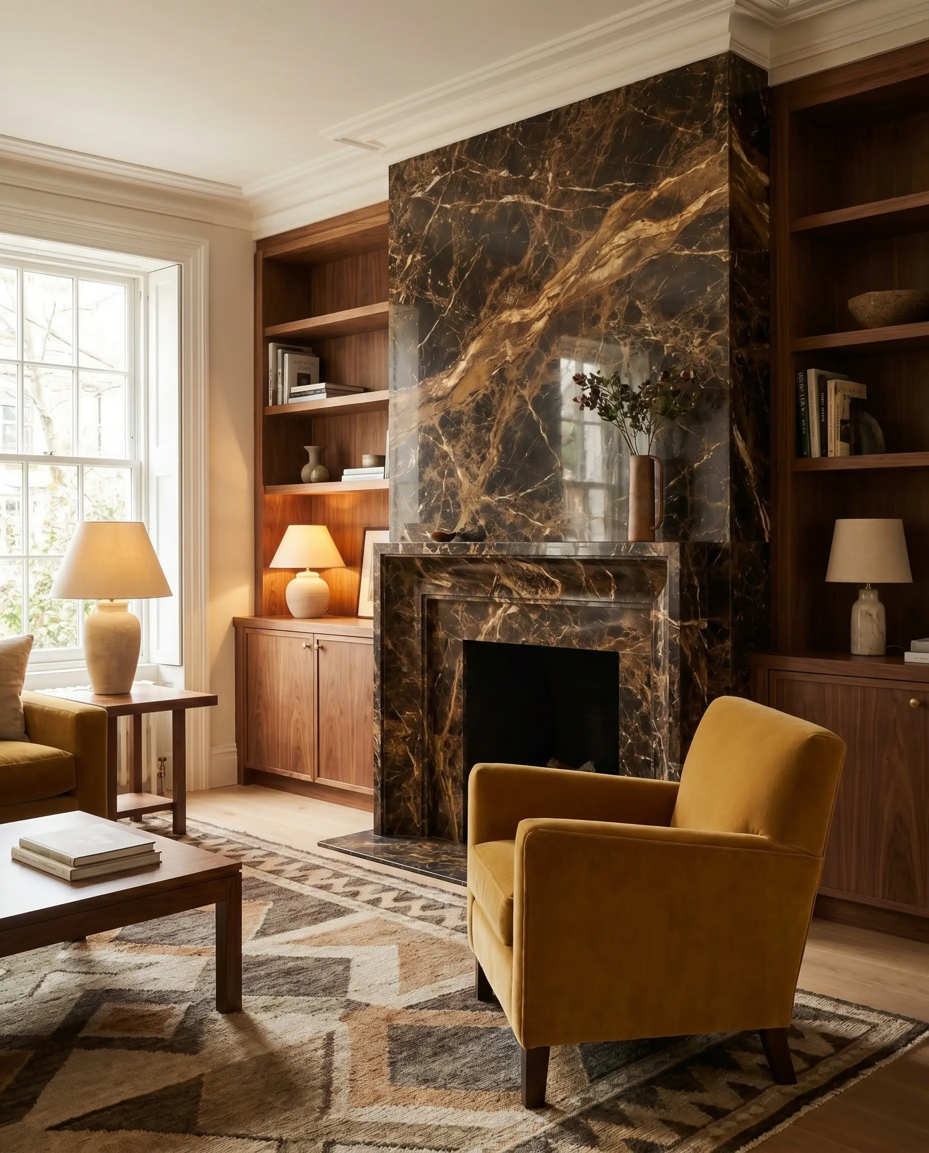 A rich Dark Emperador marble fireplace with creamy caramel veining is flanked by mid-tone walnut wood cabinetry and a mustard yellow velvet armchair.
