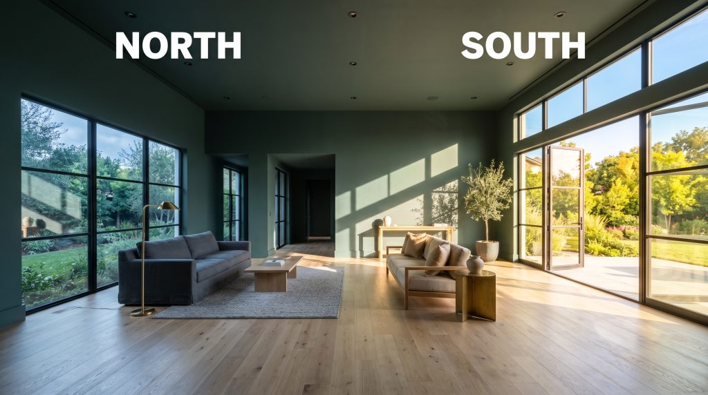 A split-screen view of a minimalist living room demonstrates how the paint shifts from a chilly, moody teal in indirect North-facing light to an intense, warm emerald cast in South-facing exposure.