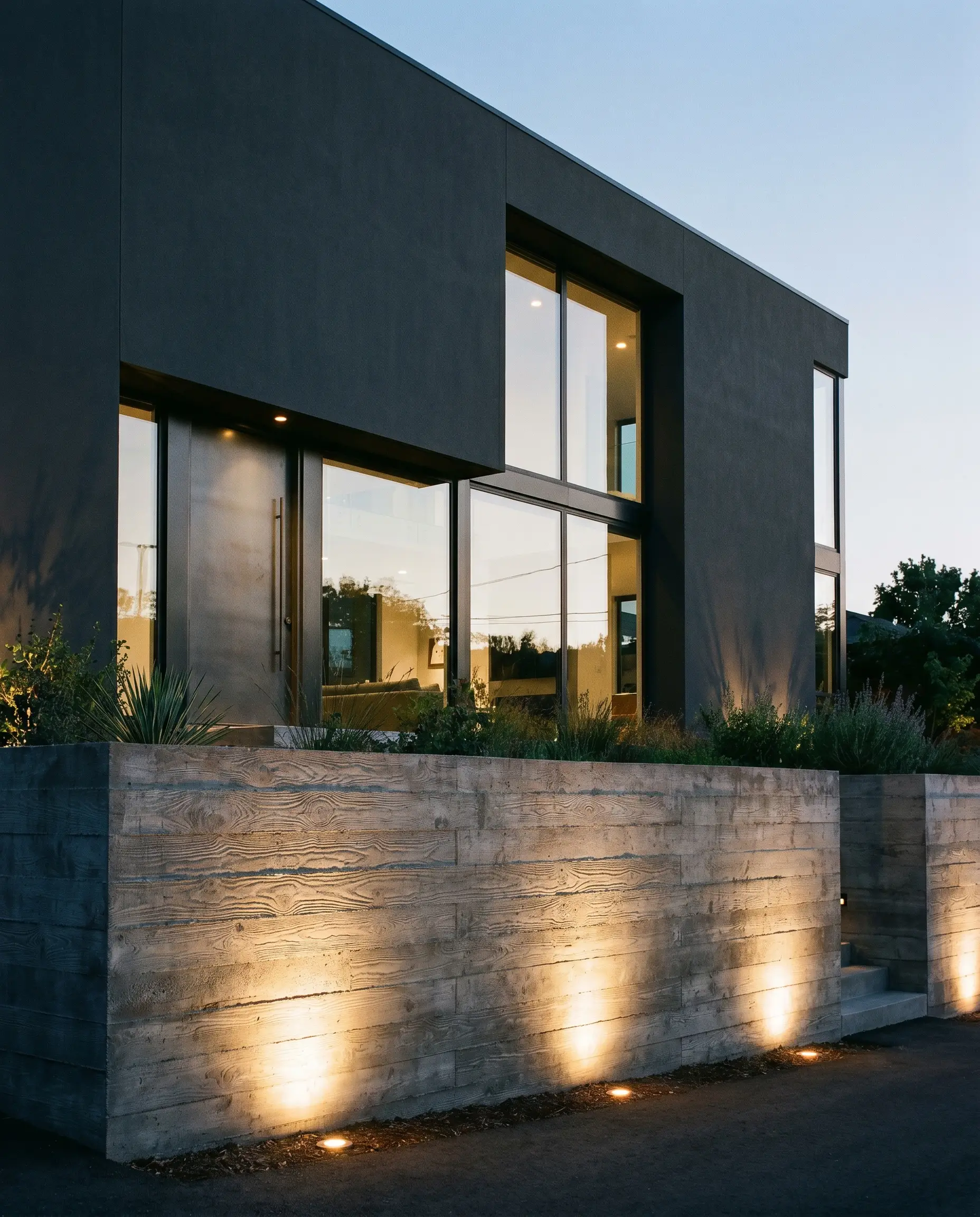 A monolithic dark gray exterior house stands behind a rugged retaining wall constructed from board-formed concrete with heavily imprinted wood-grain patterns.