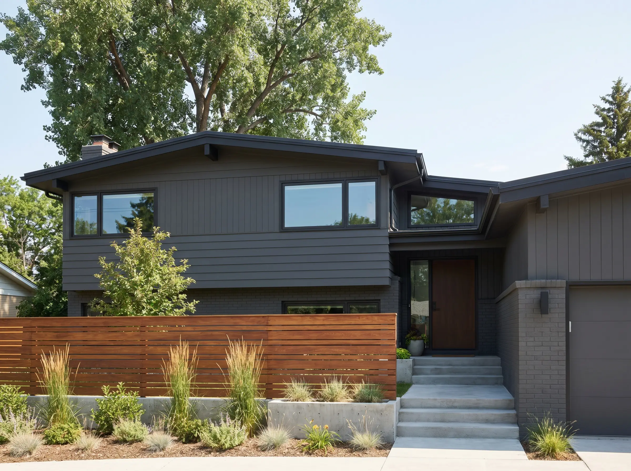 A modernized mid-century split-level home features deep charcoal flat-finish siding, dark fascia boards, and a horizontally slatted ipe wood privacy fence.
