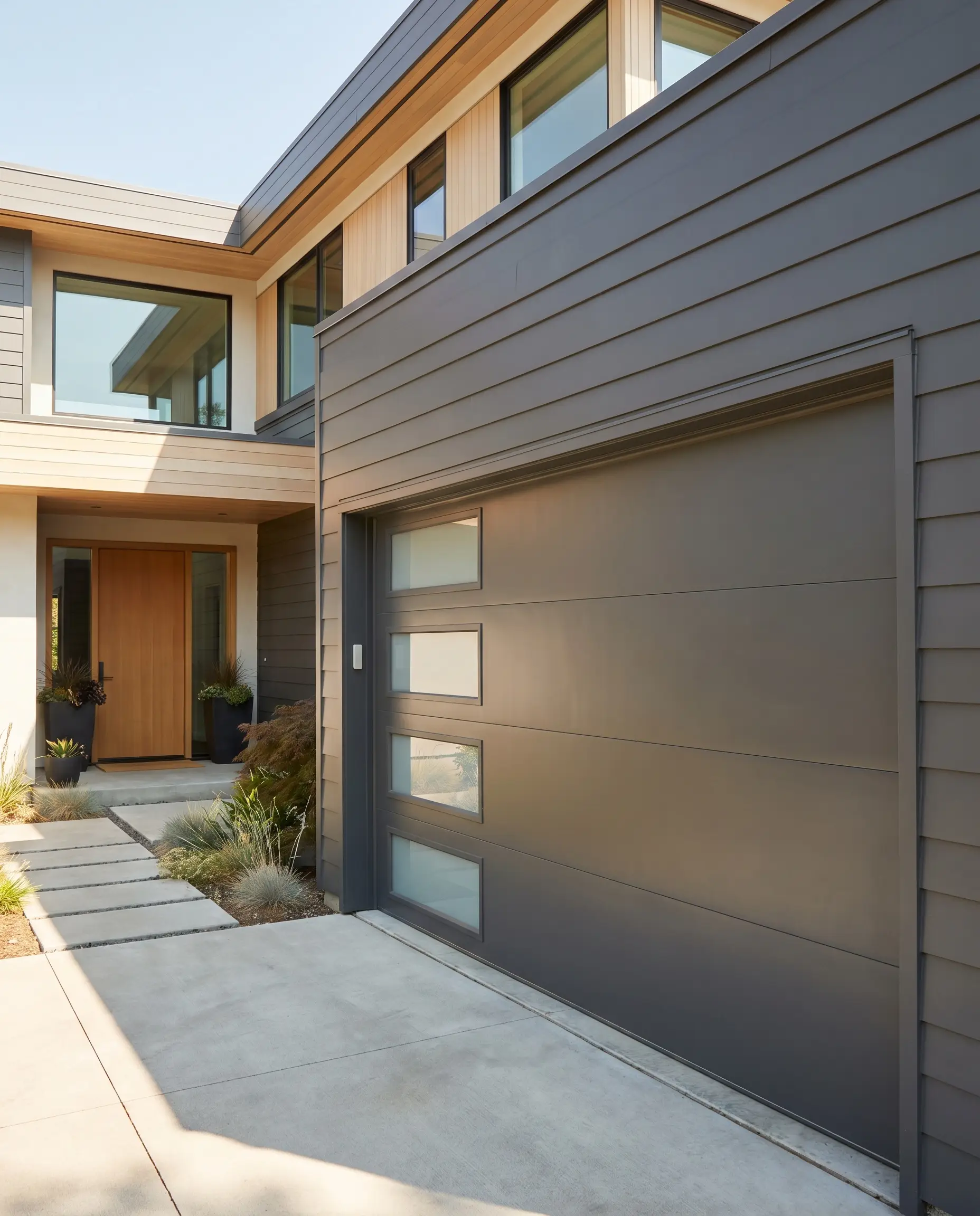 Rich dark gray siding seamlessly matches a high-quality metal garage door featuring horizontal frosted glass panels on this streamlined contemporary home.