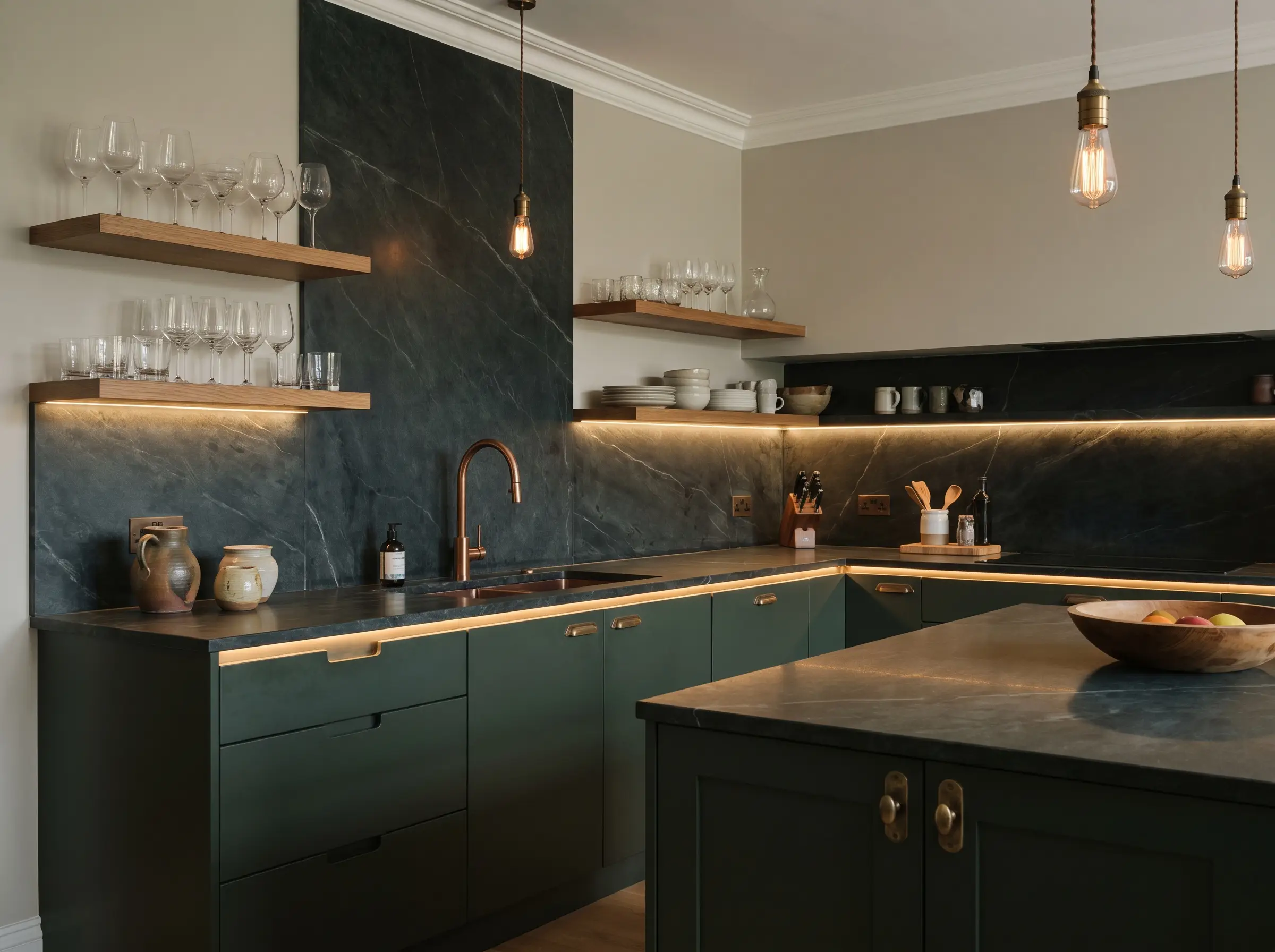 A continuous book-matched steatite slab creates a seamless backsplash above soapstone countertops with dark green cabinetry, balanced by minimalist open shelving and elegant glassware.