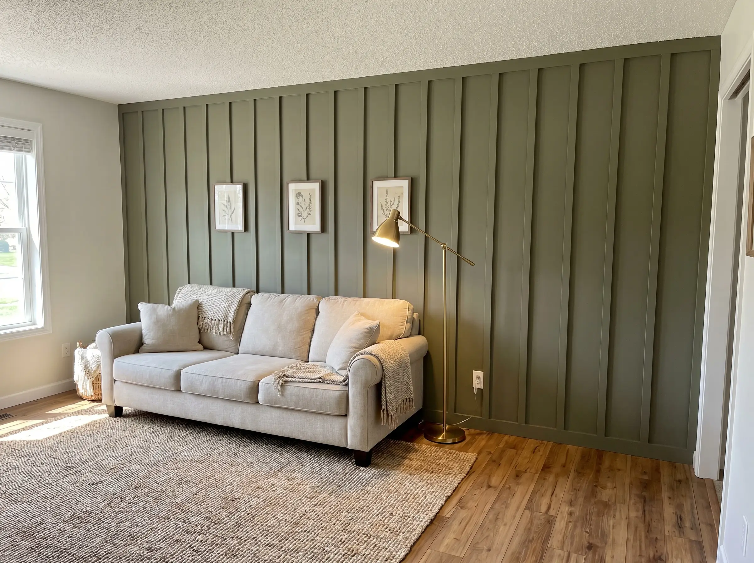 A light fabric sofa and brass floor lamp rest against an olive green accent wall living room featuring vertical board and batten wainscoting.