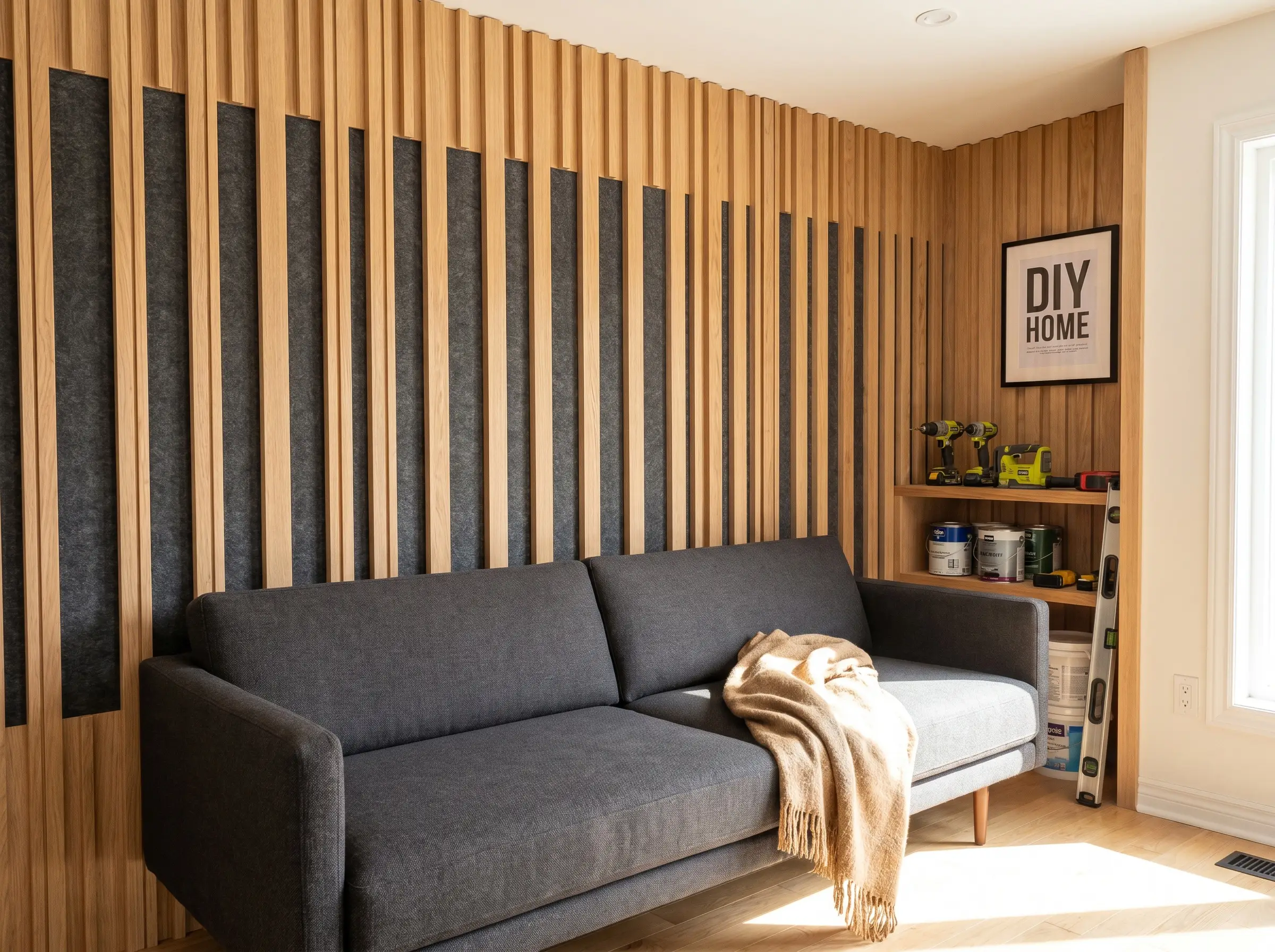 Thick dark grey PET acoustic felt backing sits deeply between vertical wood slats, effectively masking the drywall behind a practical modern sofa.