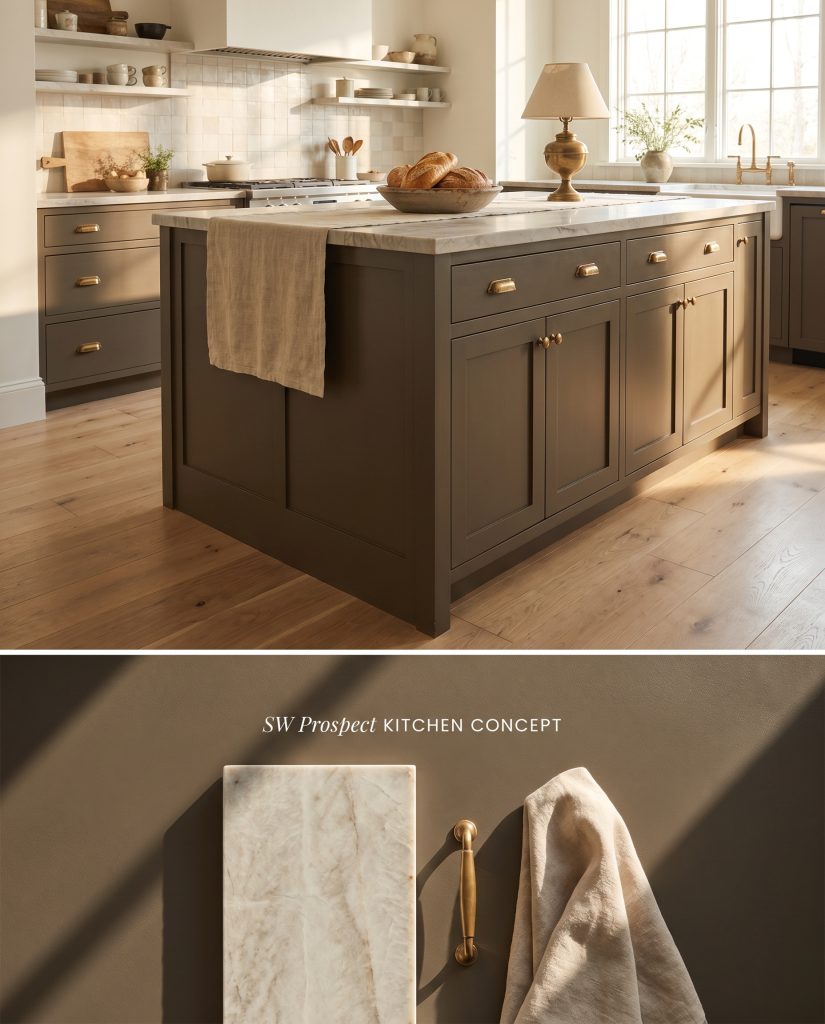 A split digital conceptual board showcasing a warm brown kitchen island bathed in Southern light on top, and a tactile material flat-lay below.