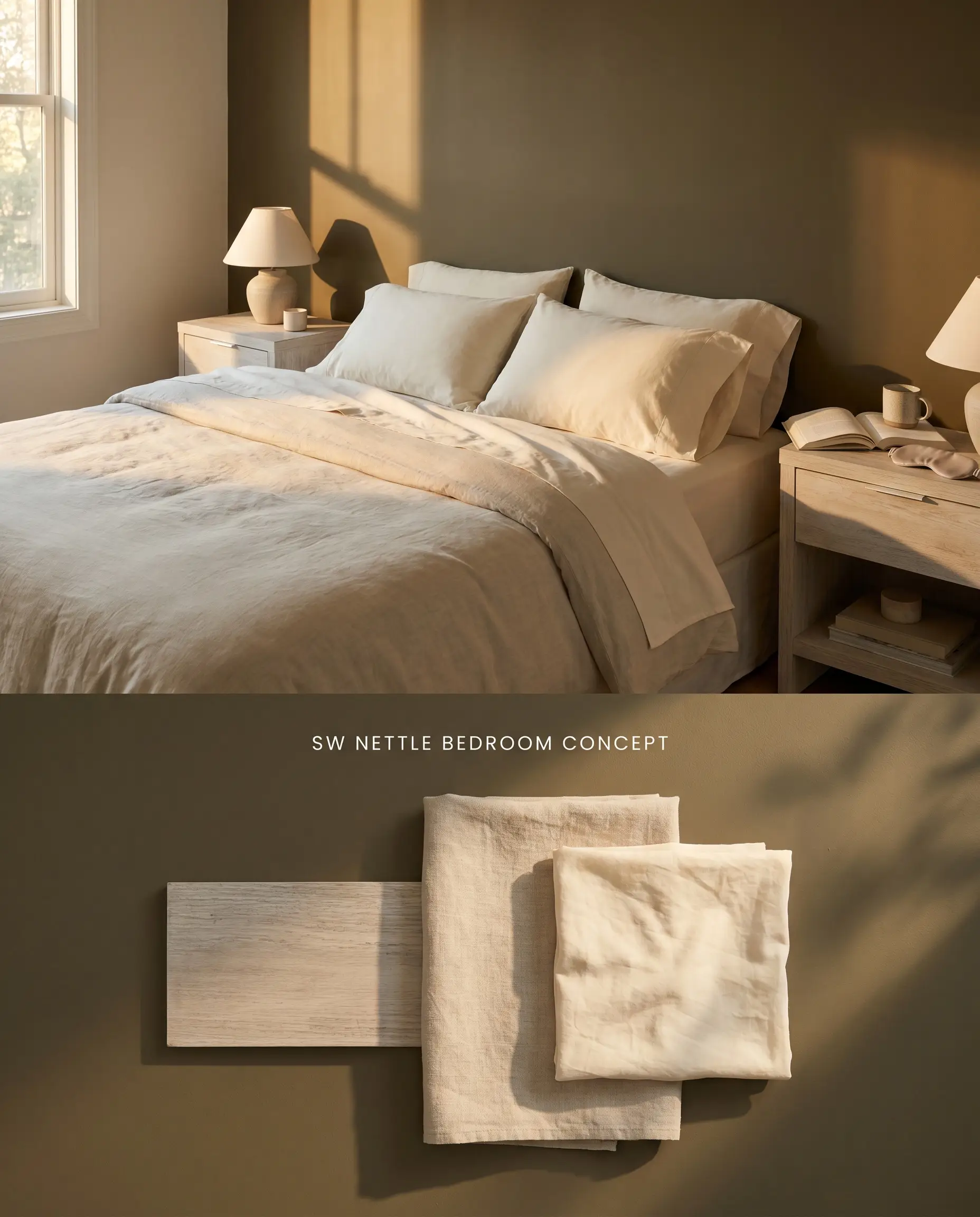 A split digital conceptual board showing a restful bedroom with a Sherwin-Williams Nettle accent wall on top, and a flat-lay of pale textured wood and unbleached linen over an ultra-smooth matte finish below.