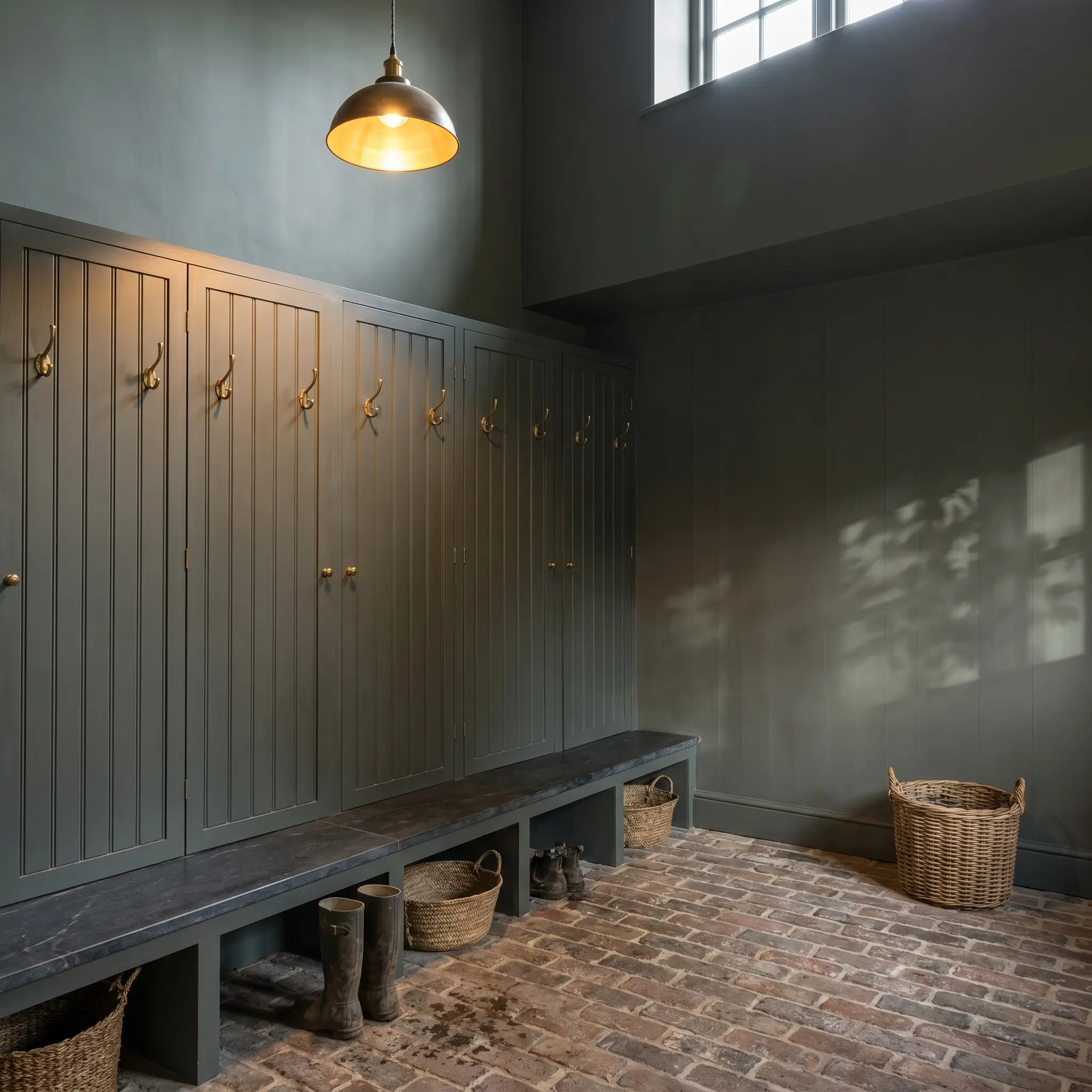 Unlacquered brass hooks adorn dark slate-grey beadboard lockers topped with a honed soapstone bench above a rugged tumbled brick floor.