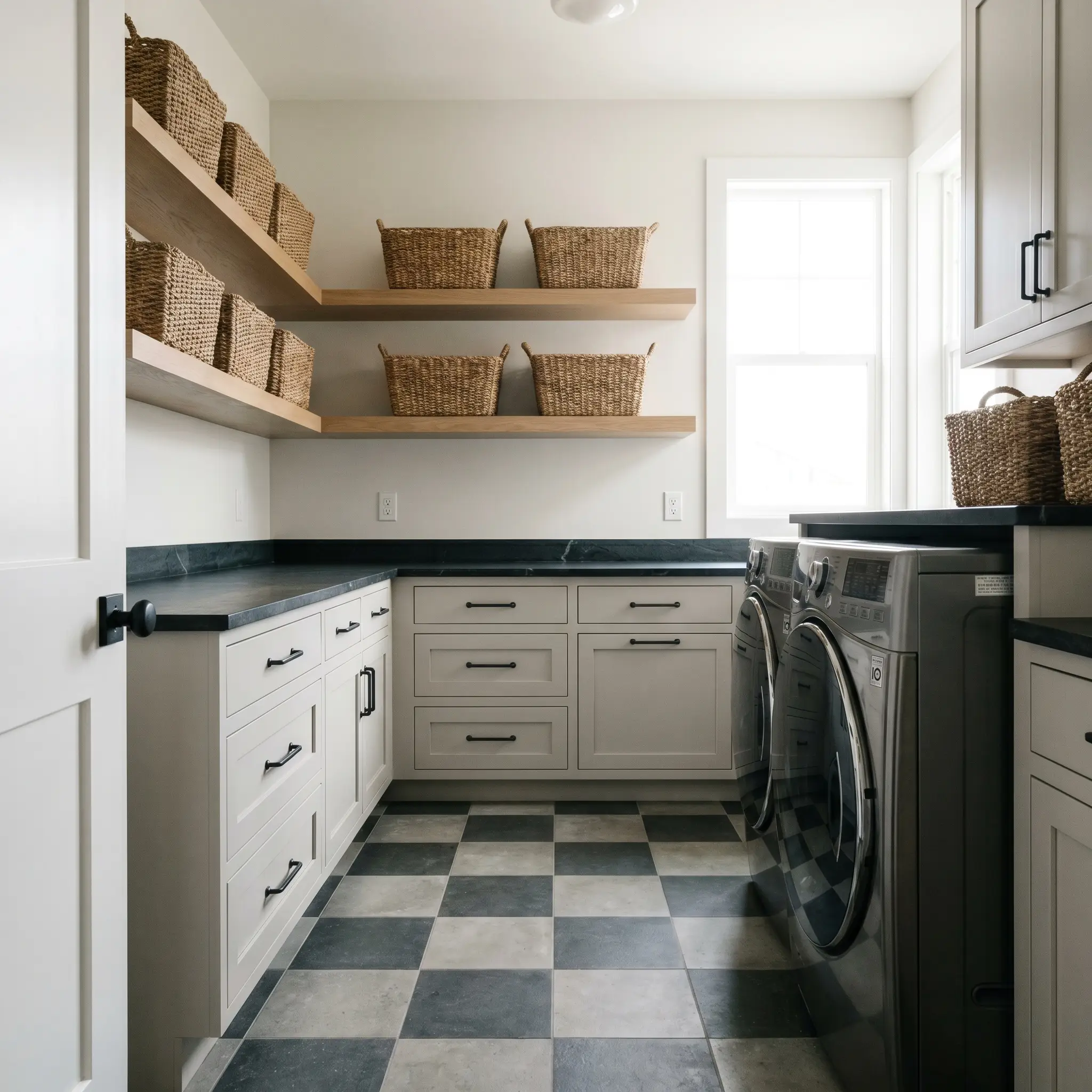 Dark soapstone countertops and floating white oak shelves contrast against cool-toned off-white walls and a checkerboard concrete floor in a functional utility space.