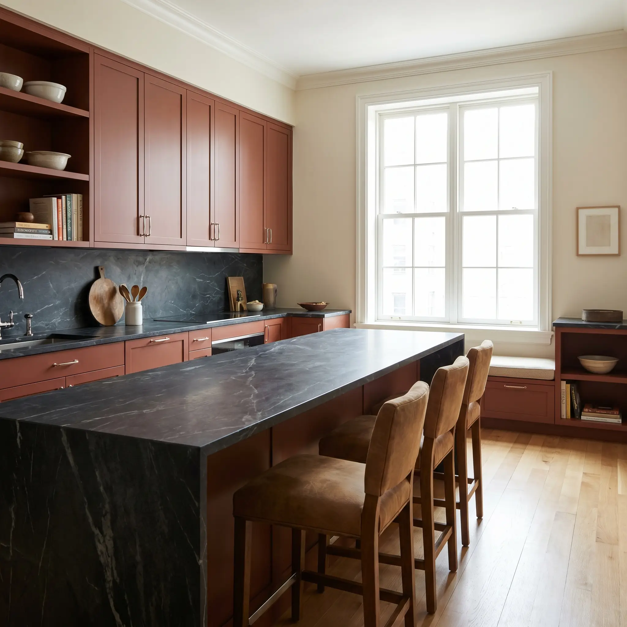Flat-panel kitchen cabinetry painted in Etruscan Red contrasts sharply against heavily veined dark soapstone countertops and polished nickel hardware.