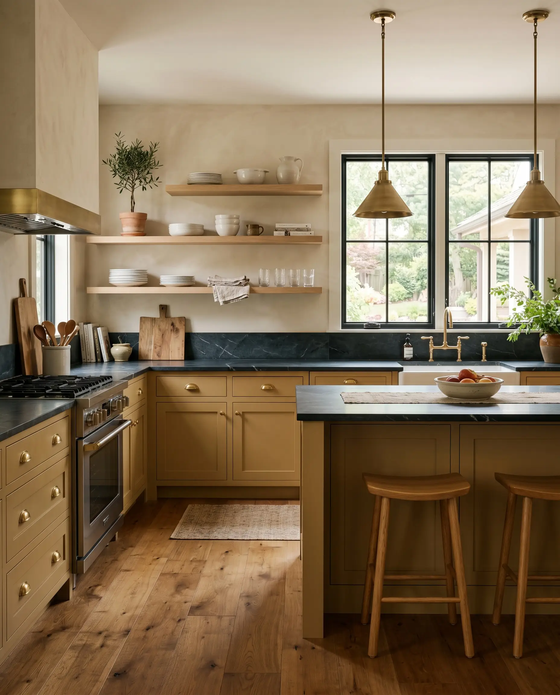 Dark soapstone countertops and unlacquered brass cup pulls accent muted mustard cast lower cabinets and a central kitchen island beneath floating white oak shelves.