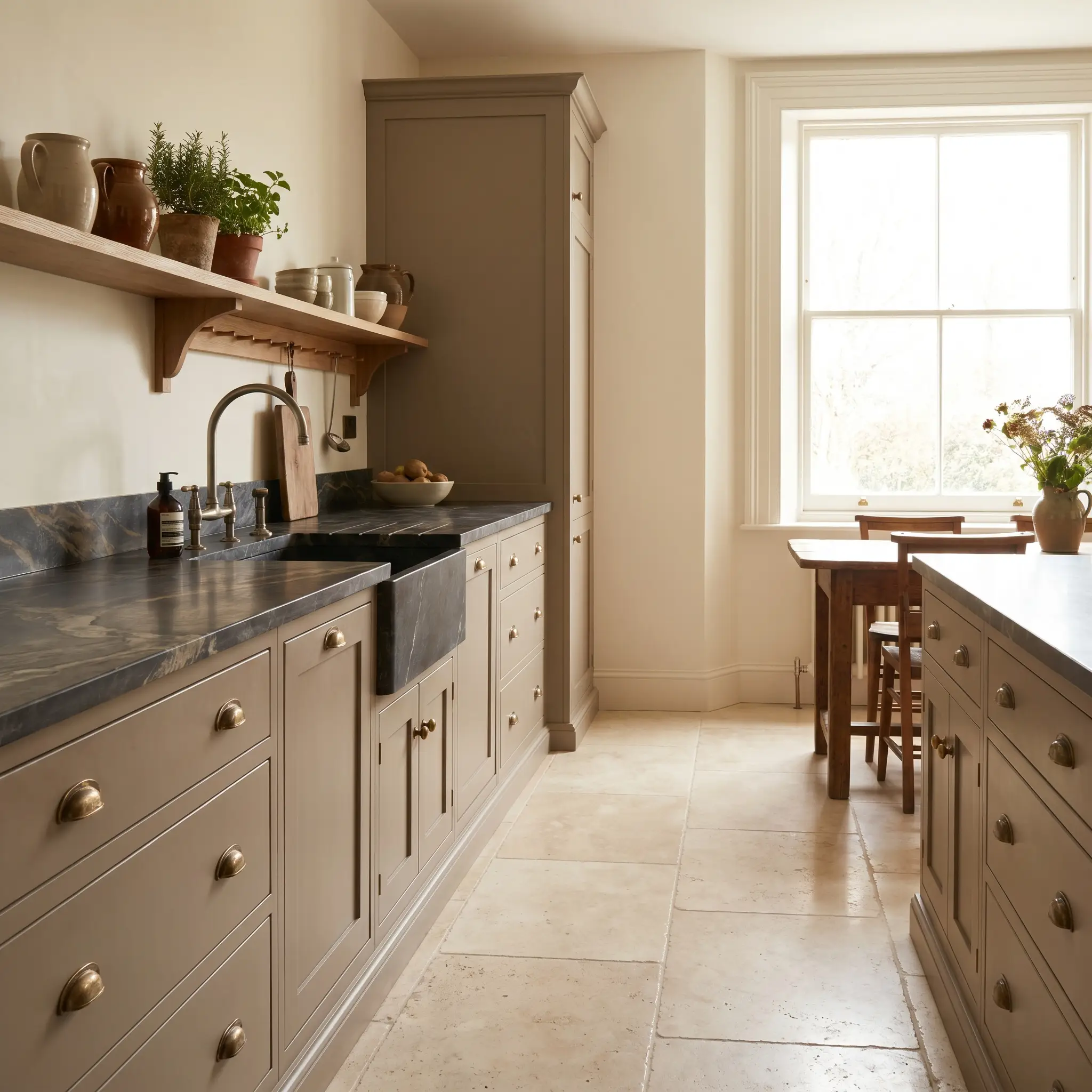 Custom taupe base kitchen cabinetry pairs with dark soapstone countertops, unlacquered brass hardware, and creamy travertine floors in a grounded architectural space.
