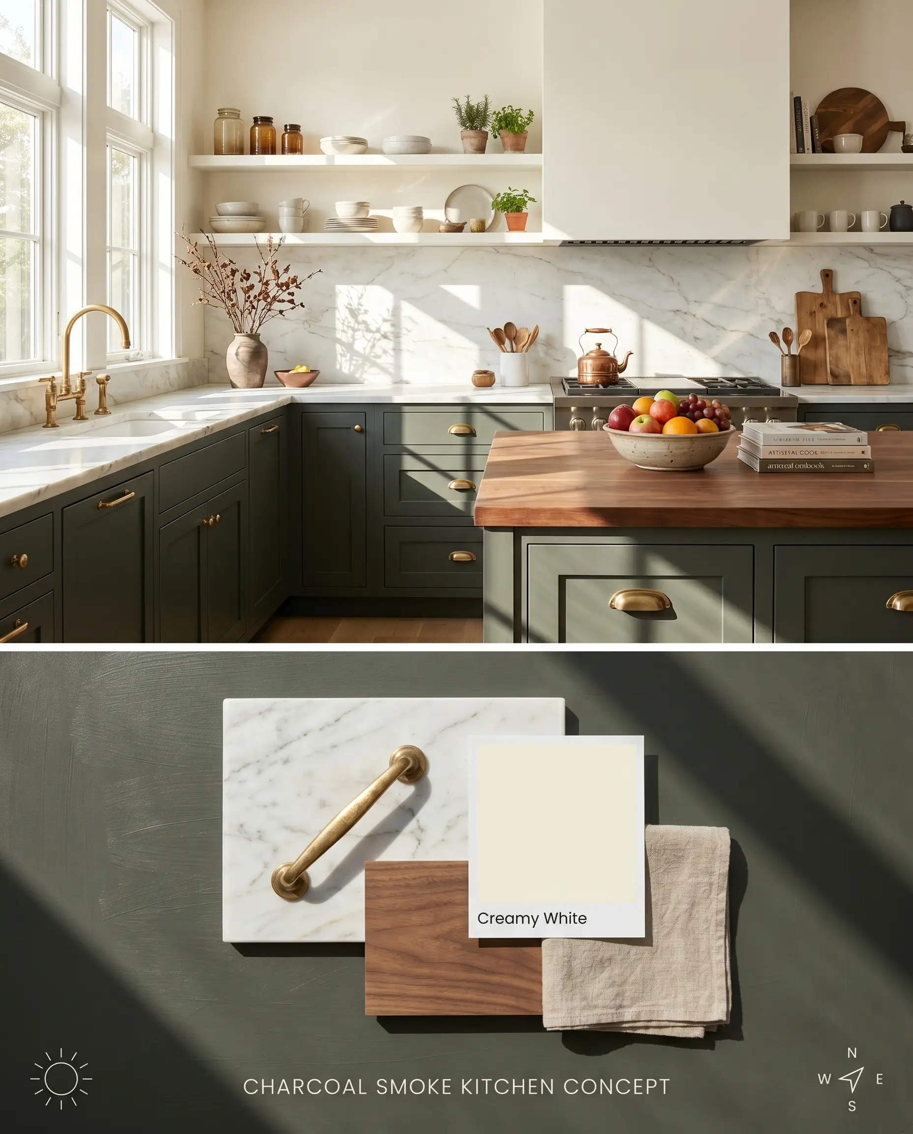 A split digital conceptual board showing a sunlit kitchen with moody charcoal green base cabinets on top, and physical marble, brass, and walnut materials below.