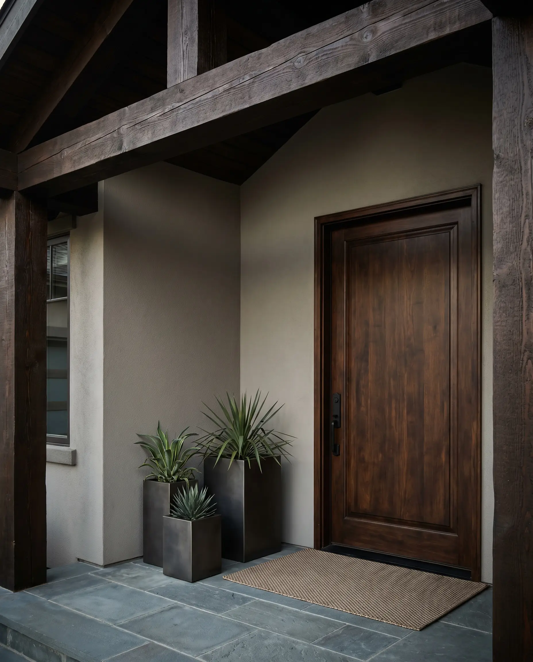 Sherwin-Williams Alpaca paint covers a taupe greige entryway wall contrasting sharply with a dark walnut-stained solid core front door and heavy timber overhangs.
