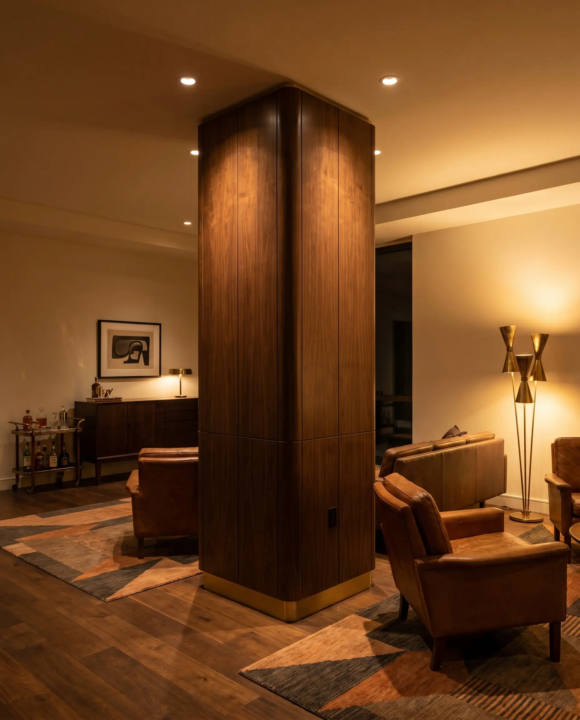 Premium dark walnut veneer panels envelop a sleek structural support within a mid-century modern lounge area featuring vintage cognac leather seating and geometric rugs.