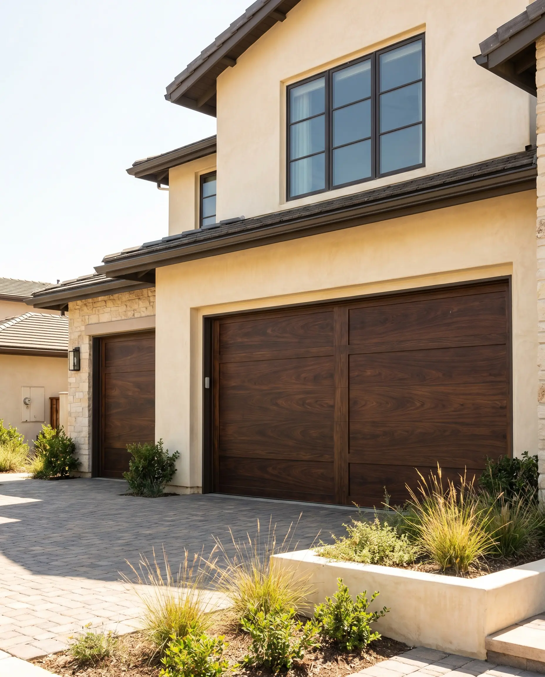 A modern brown and cream exterior pairs a warm cream base facade with custom wood composite garage doors finished in dark walnut stain.