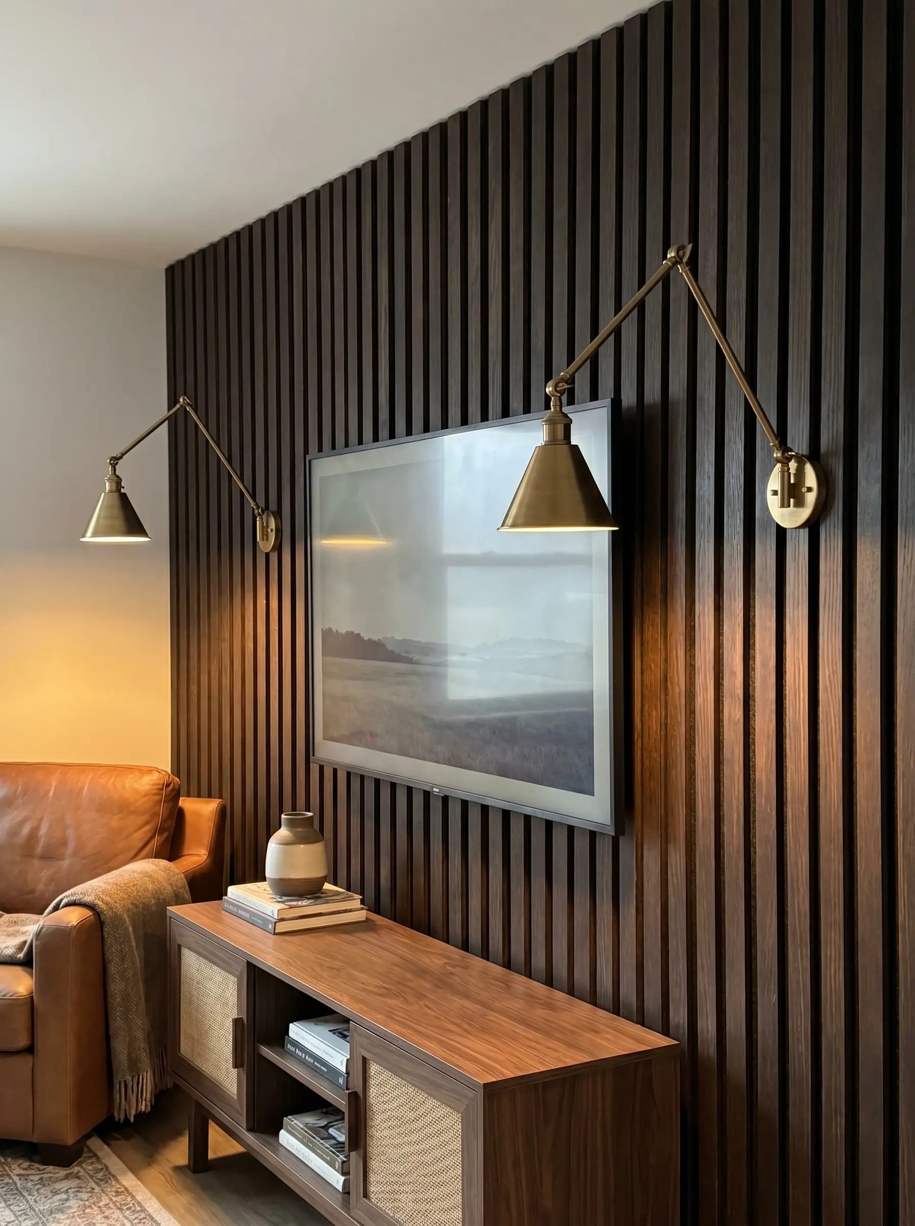 Two patinated unlacquered brass articulating wall sconces are mounted directly onto a dark espresso wood slat media wall beside a modern flat-screen television.