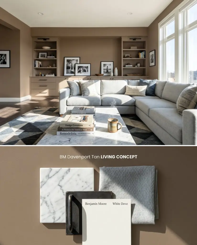 A split digital conceptual board for a living space featuring Davenport Tan HC-76 walls on top and a textured eggshell flat-lay with marble and linen below.