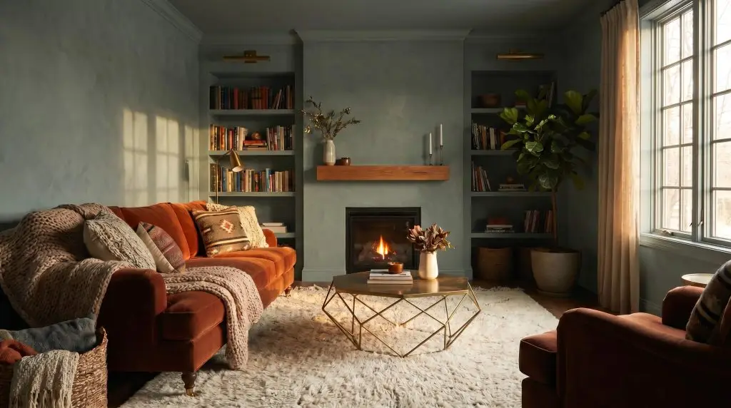 A plush rust-colored velvet sofa and geometric brass coffee table rest on a Moroccan rug inside a deep blue-gray green den.