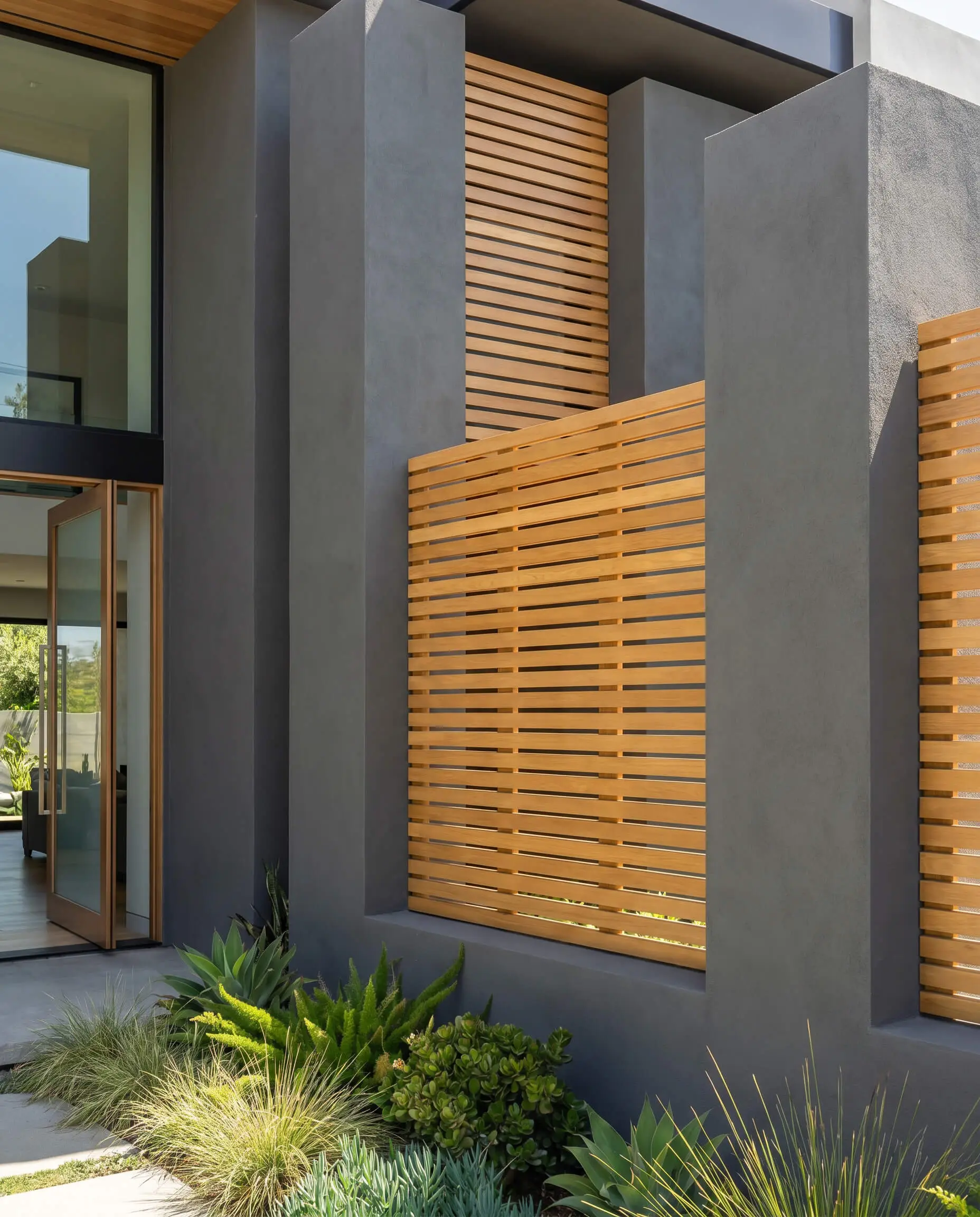 Massive contemporary structural walls painted in deep gray are softened by the integration of slatted, warm white oak privacy screens.