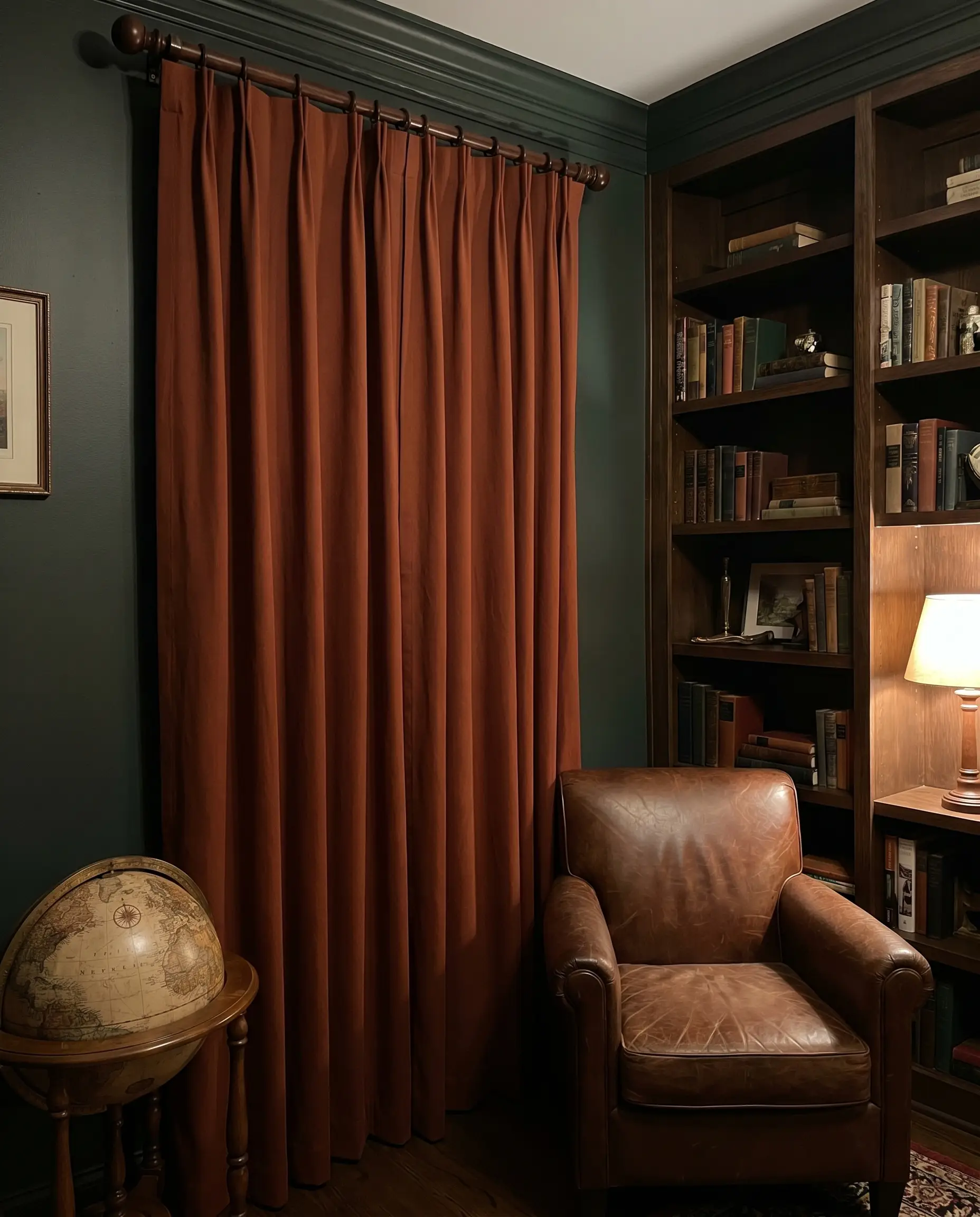 Dense deep rust cotton twill curtains hang with architectural rigidity beside a mid-range built-in bookshelf and a worn leather club chair.