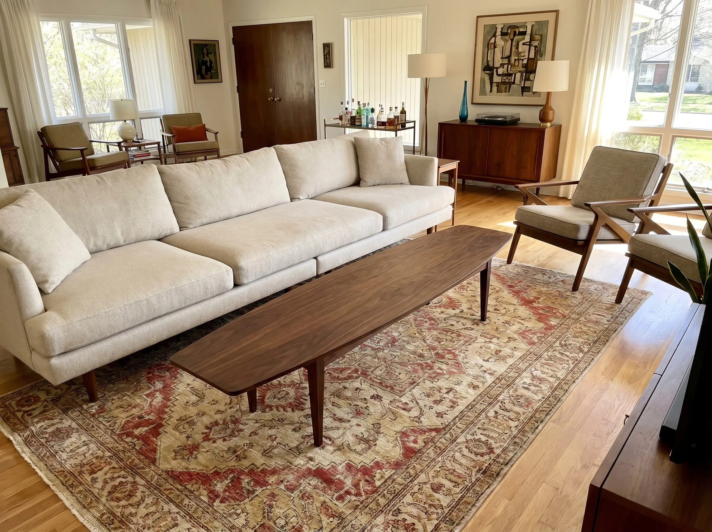 An elongated deep walnut veneer surfboard coffee table sits on a low-pile vintage rug, establishing what color coffee table goes with beige sofa arrangements.