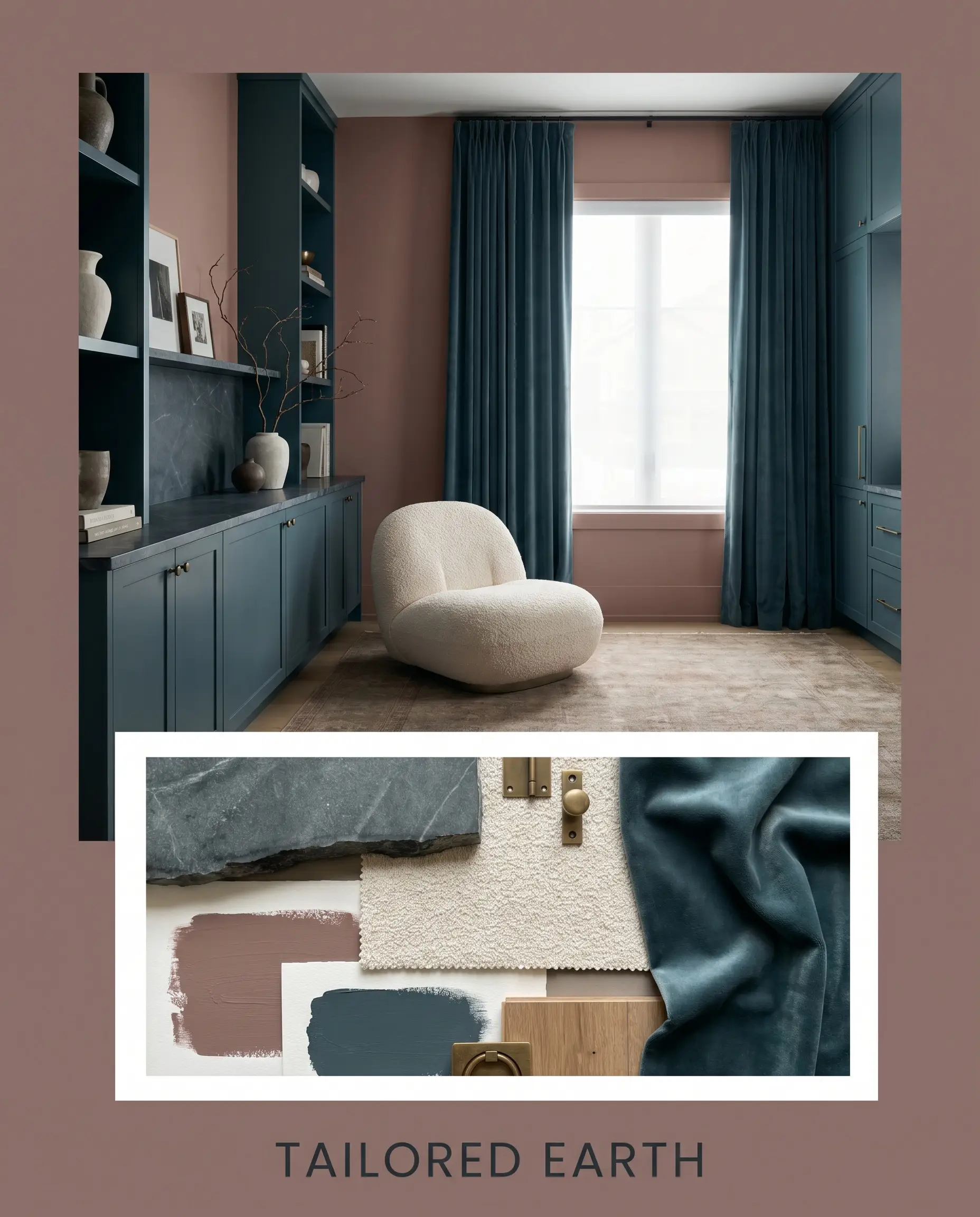 A single boucle nub chair sits near honed soapstone surfaces and heavy velvet drapery in a deeply tailored room featuring a rich architectural finish.