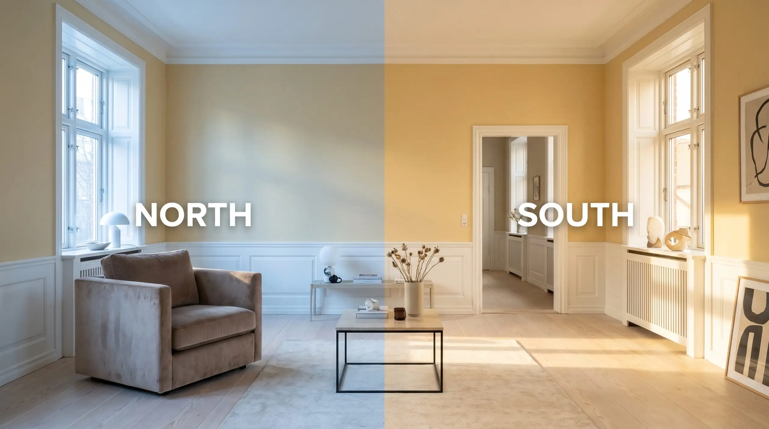 A continuous living room wall shifts from a muted earthy cast in cool Northern light to a vibrant golden-yellow base in warm Southern exposure.