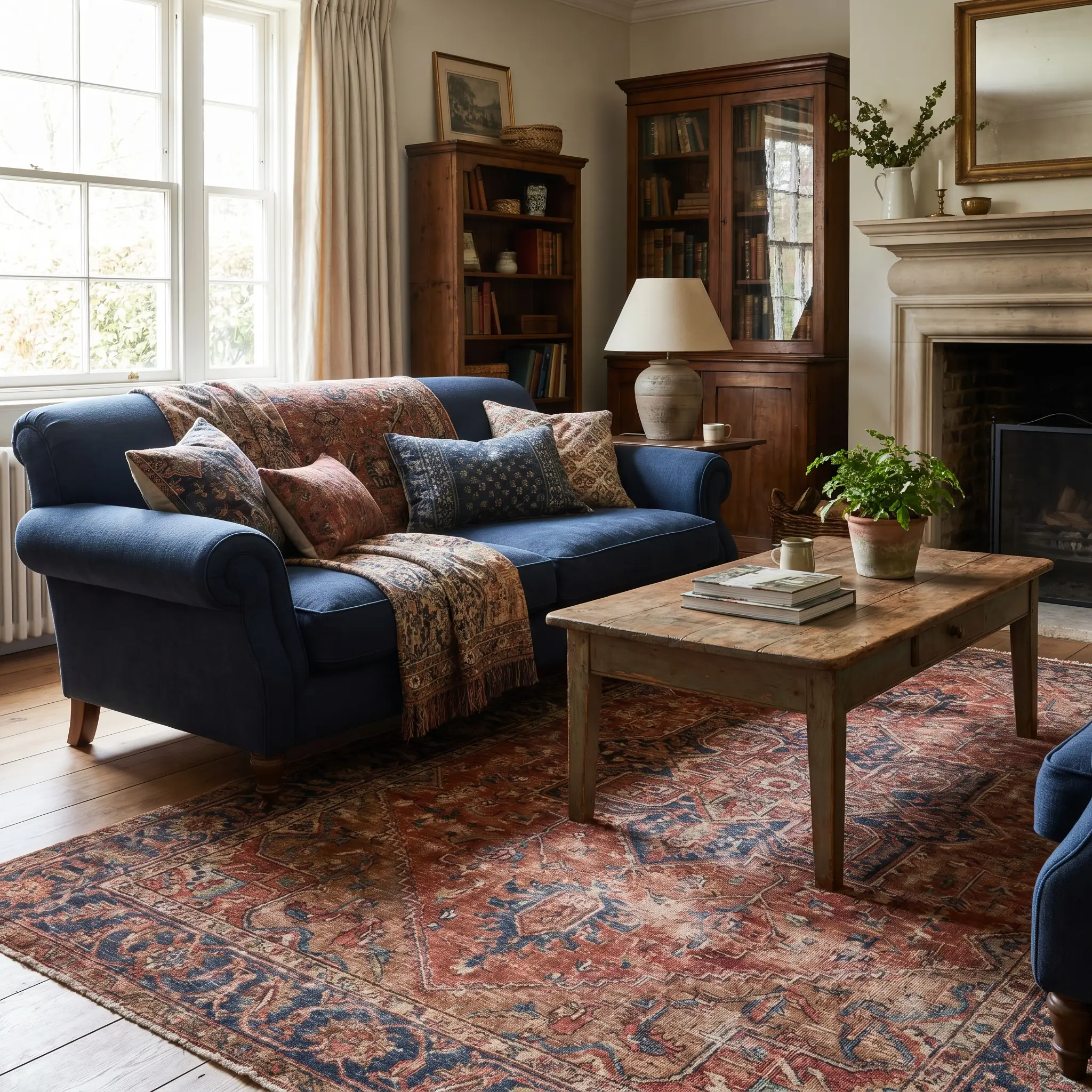 A traditional navy blue rolled-arm sofa is paired with a distressed vintage rust and crimson red Heriz wool rug and a classic wooden coffee table.