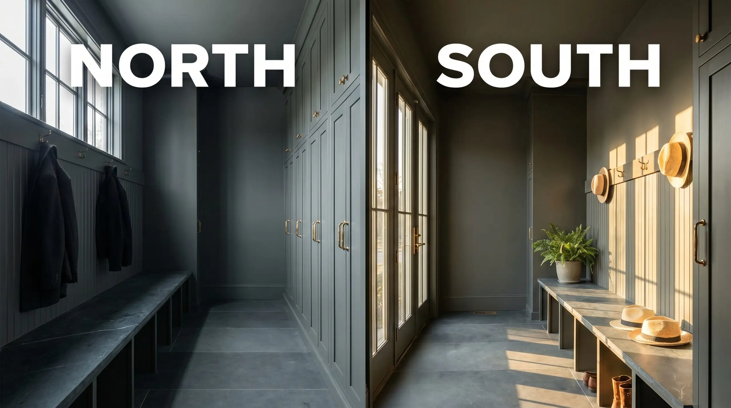 A continuous soapstone bench and beadboard lockers demonstrate F&B Douter shifting from a crisp charcoal-grey in cool Northern light to warm green in Southern exposure.