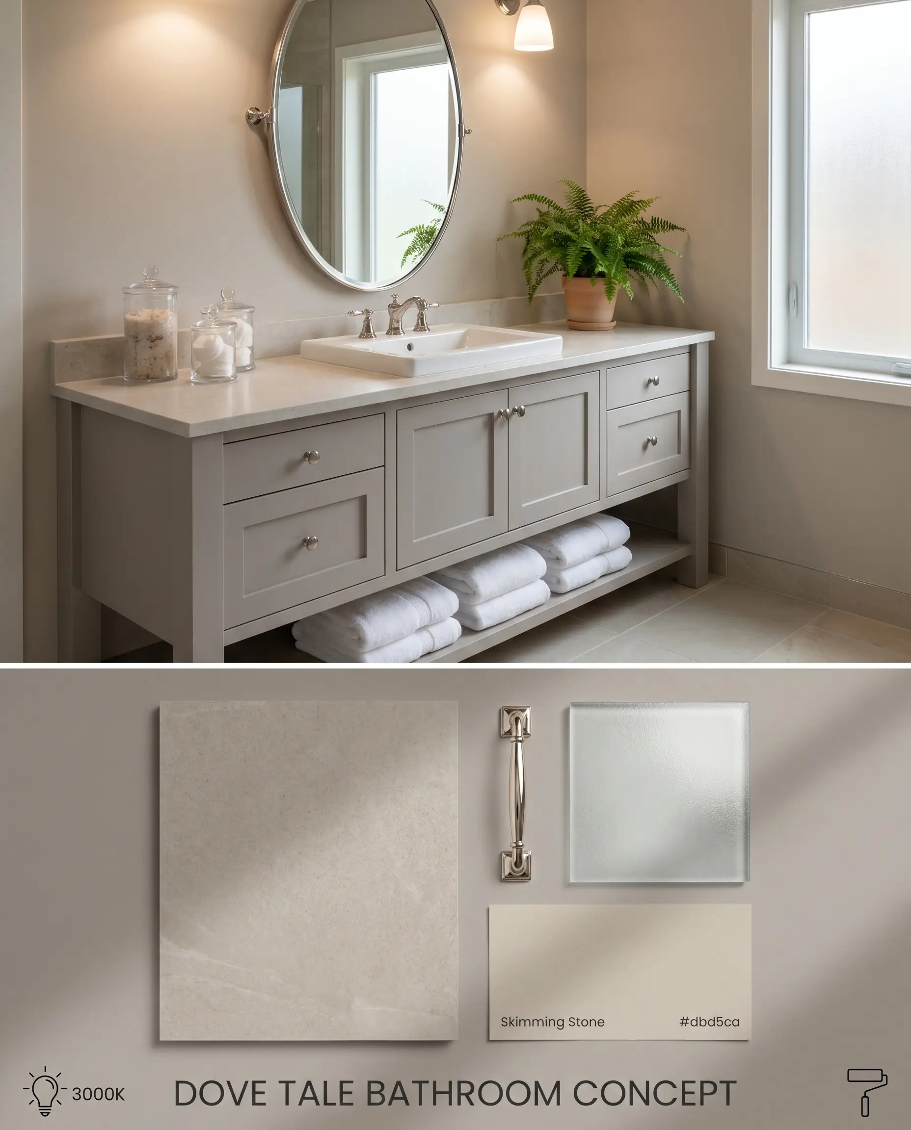 A split digital conceptual board for a bathroom featuring a Dove Tale painted vanity, large-format neutral tiling, and polished nickel hardware under 3000K LED lighting.