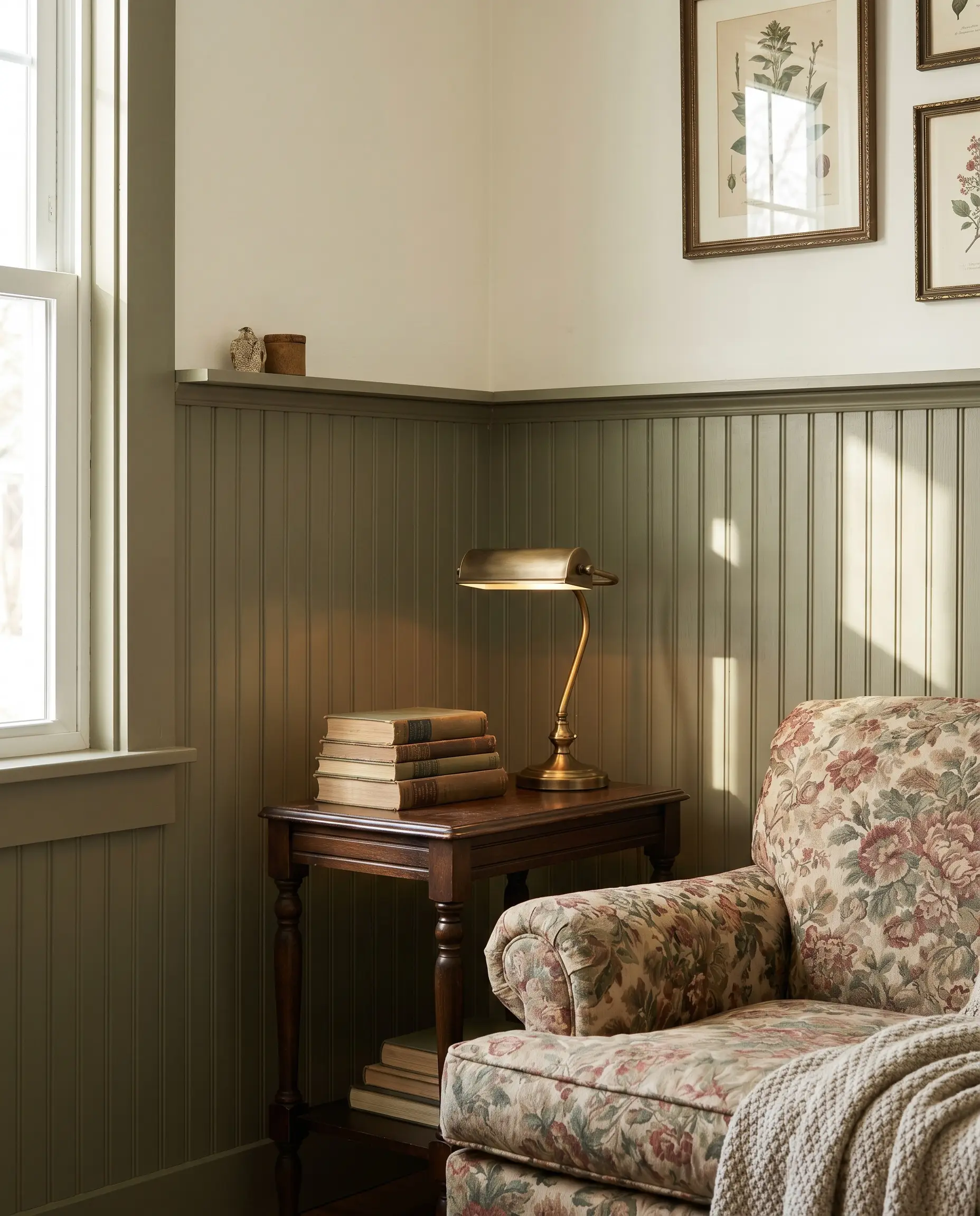 A vintage wood side table, brass reading lamp, and patterned armchair sit beside lower beadboard wainscoting painted drab green below white upper walls.