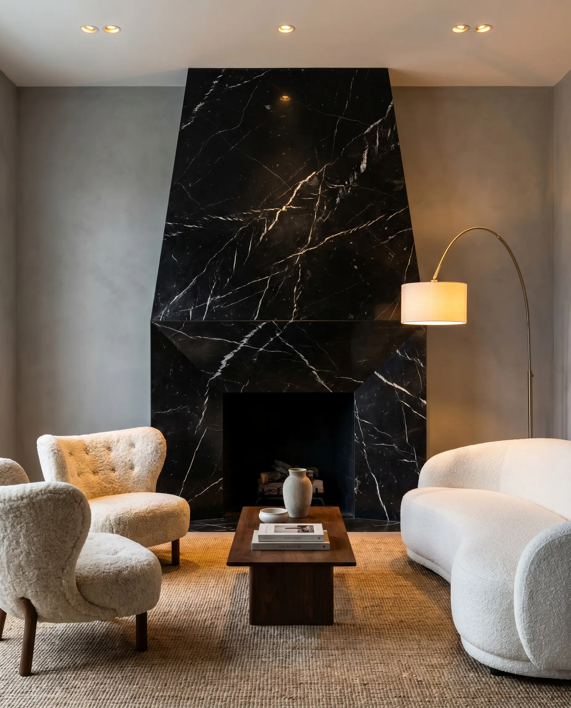 Pitch-black Nero Marquina stone sliced by striking white lightning-strike veins anchors a muted grey living room furnished with a plush shearling accent chair and white bouclé sofa.
