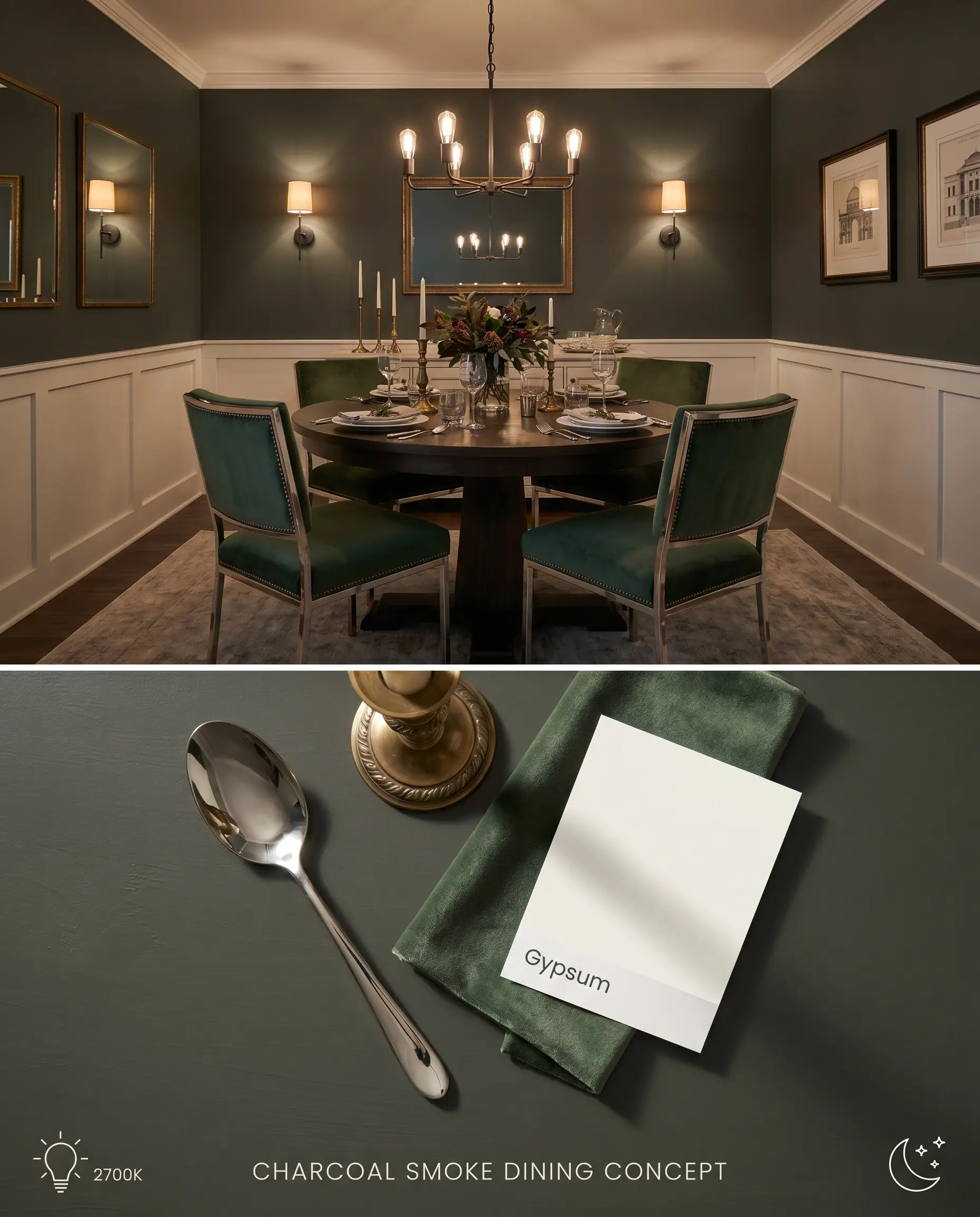 A split digital conceptual board featuring an intimate dining room with dark green upper walls above, and polished nickel, brass, and velvet samples below.