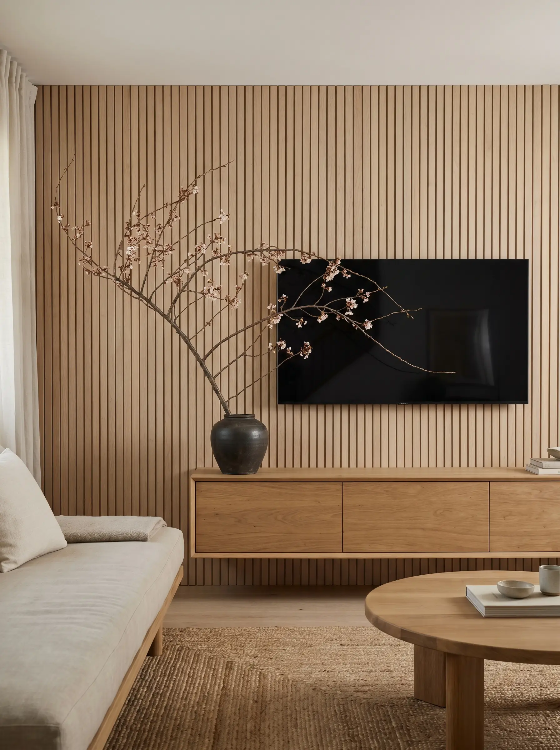 An architectural dried cherry blossom branch rests inside a low heavy vase on a floating media console backed by rigid vertical white oak slats.
