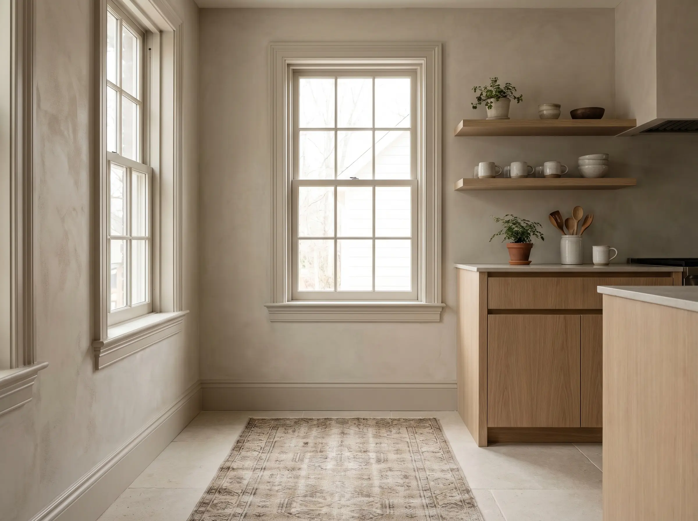 Walls and trims color-drenched in Farrow & Ball Drop Cloth soften the transitions around natural rift-sawn oak cabinetry and a vintage wool runner.