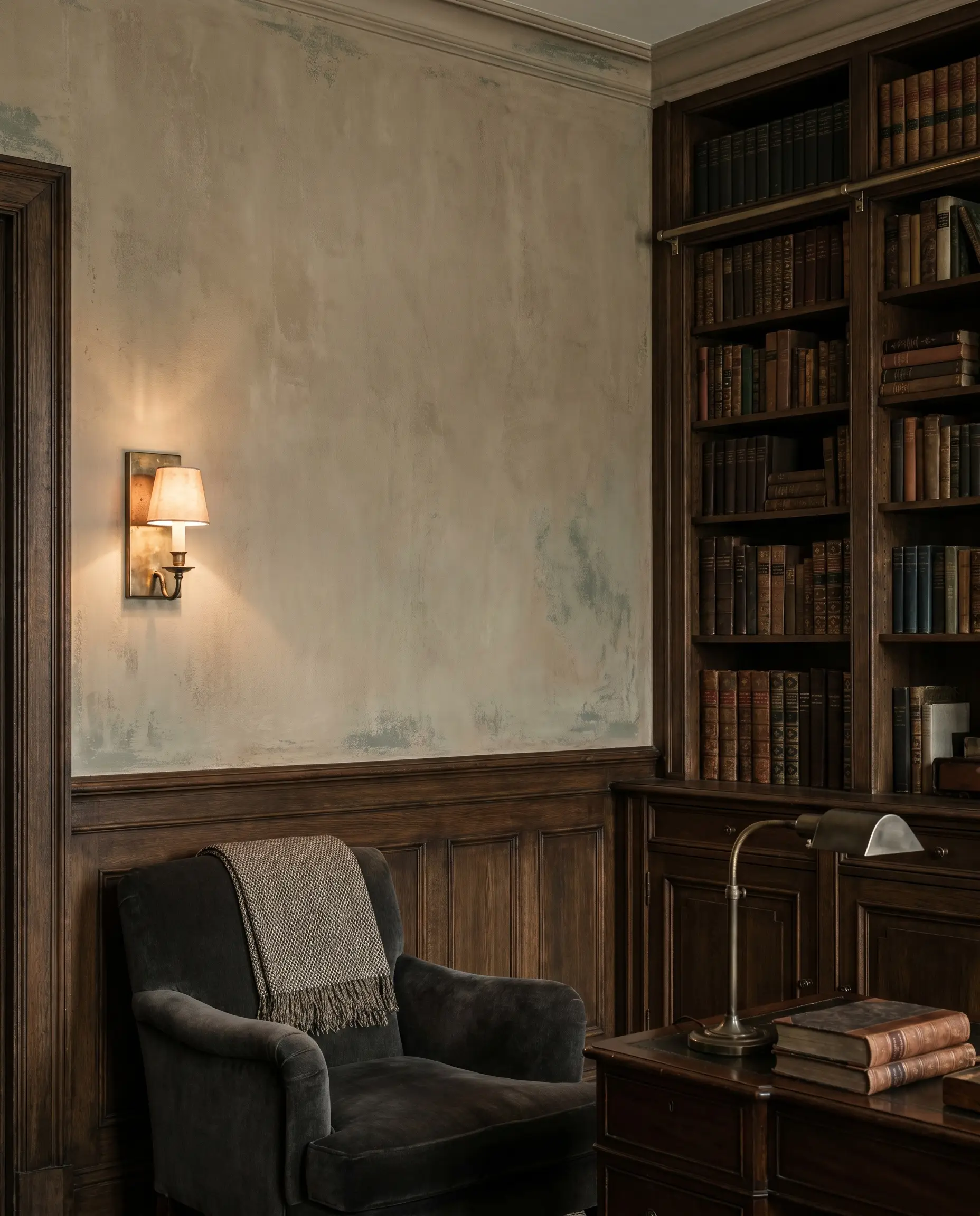 An aged brass wall sconce illuminates heavy traditional wainscoting and built-in bookshelves behind a plush mohair armchair in a character-rich historic study.