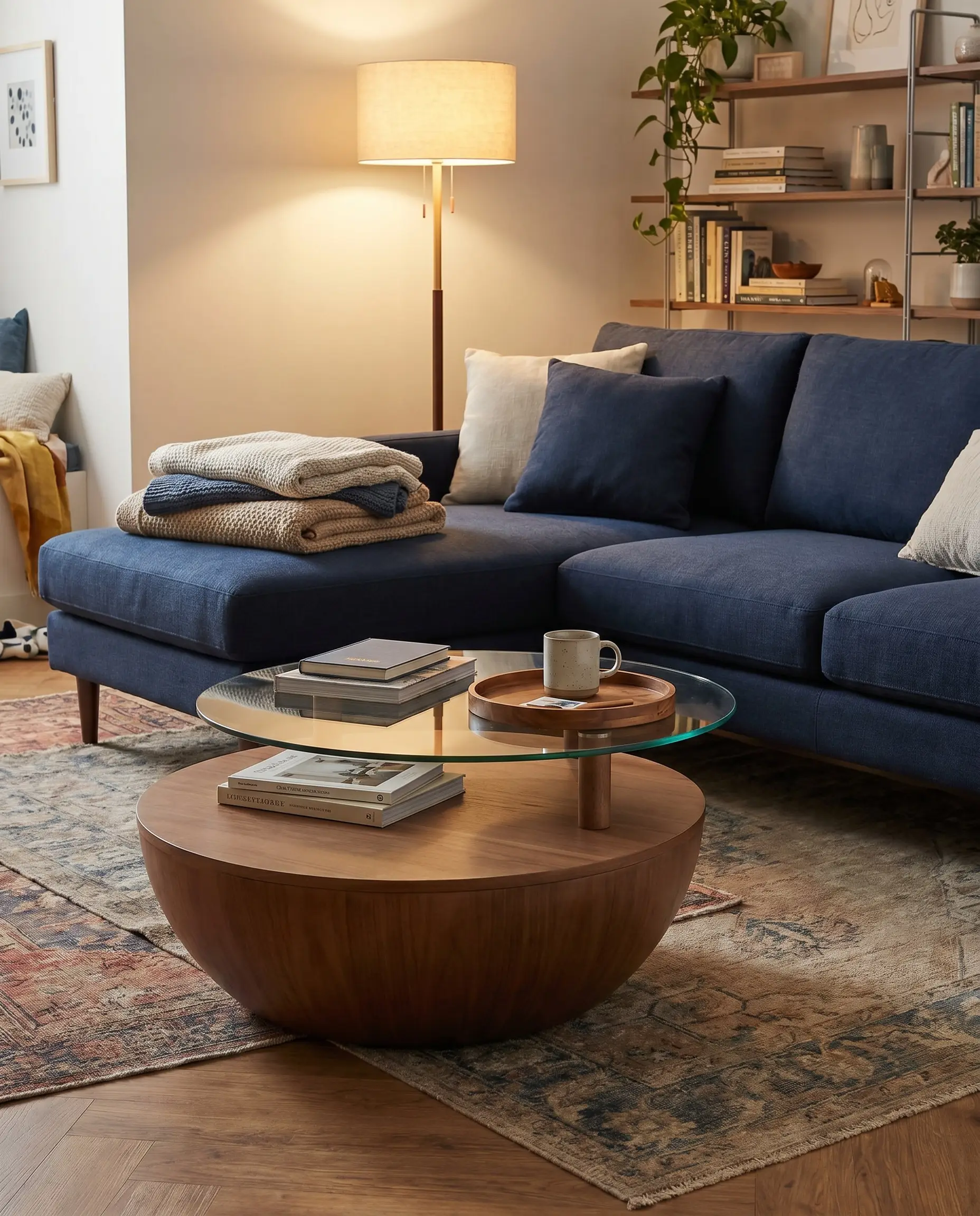 Dual nested round coffee tables featuring a glass upper tier and solid wood base float near the interior angle of a navy blue chaise sectional.